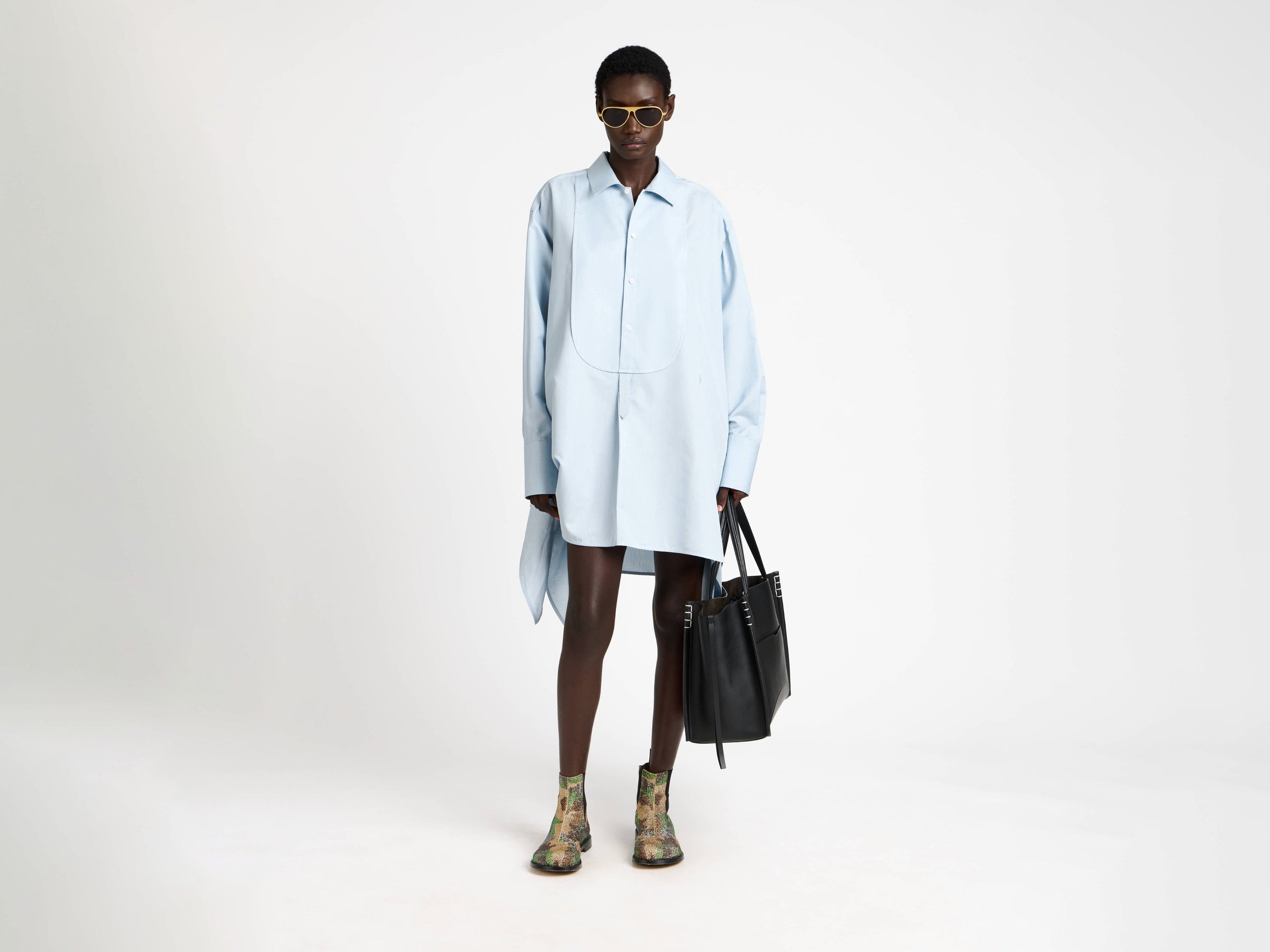 KNOTTED DETAIL SILK SHIRT DRESS IN POWDER BLUE