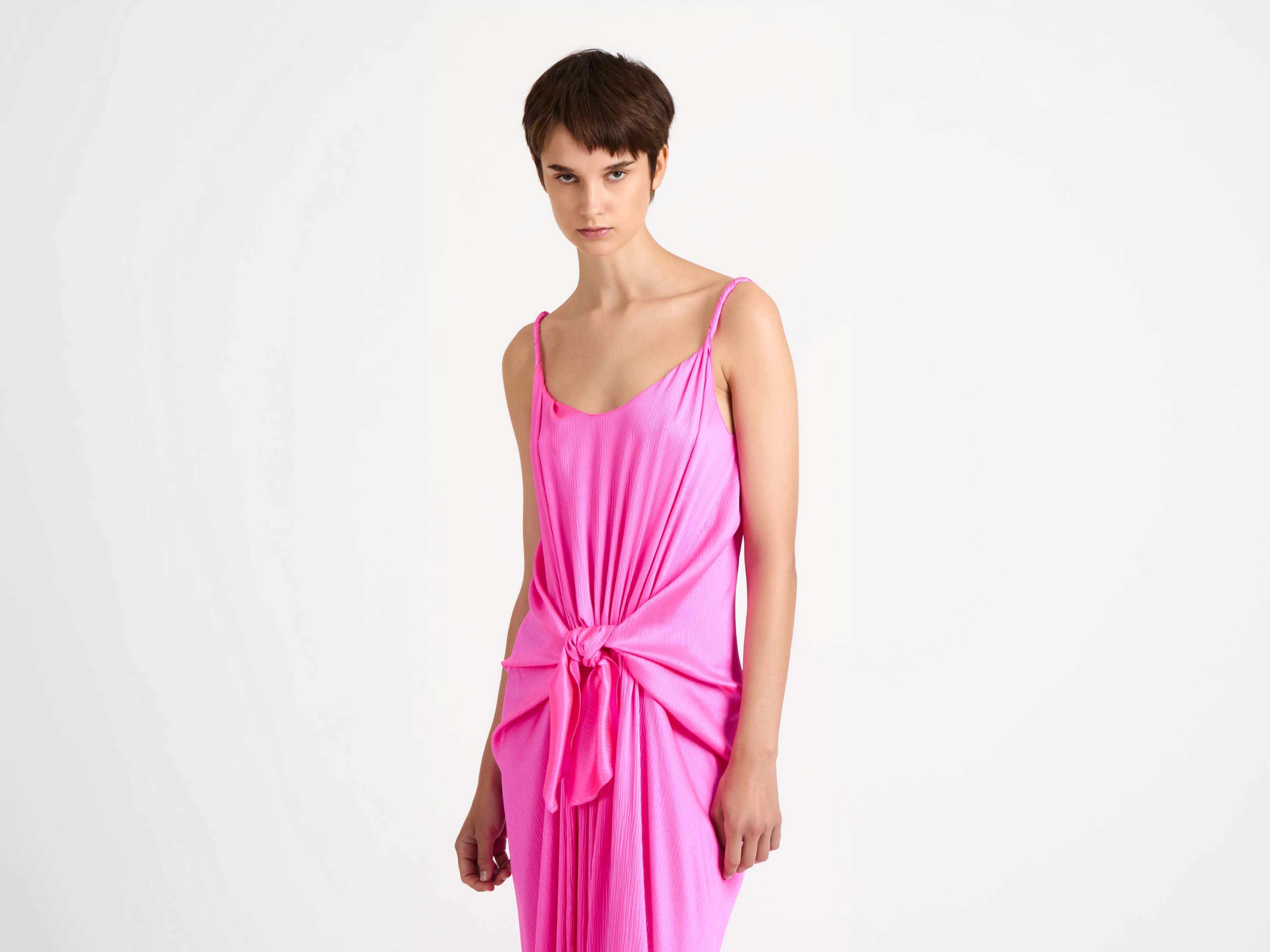 WOMENS KNOTTED WAIST LONGLINE DRESS IN PINK in HOT PINK