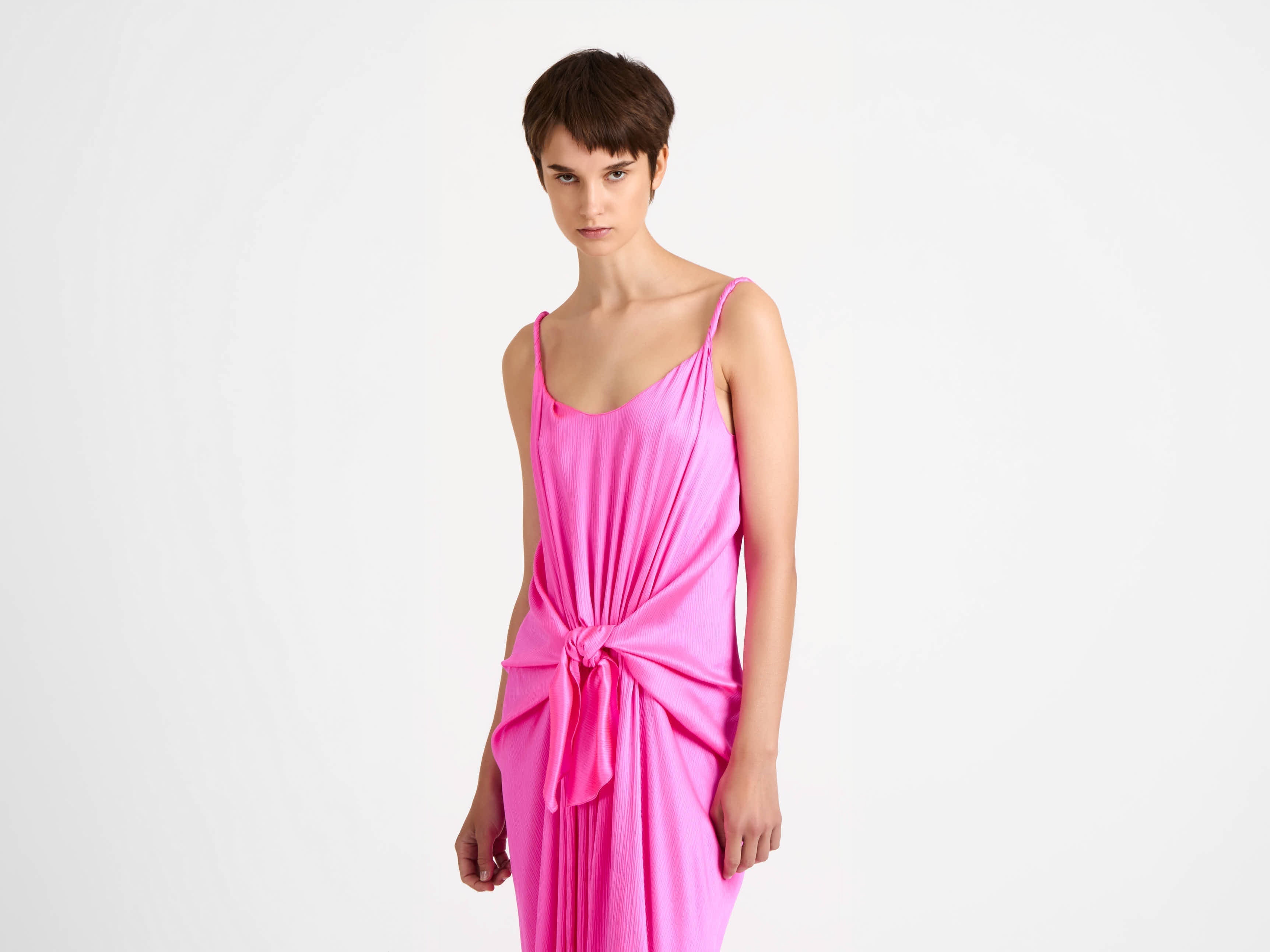 WOMENS KNOTTED WAIST LONGLINE DRESS IN PINK in HOT PINK