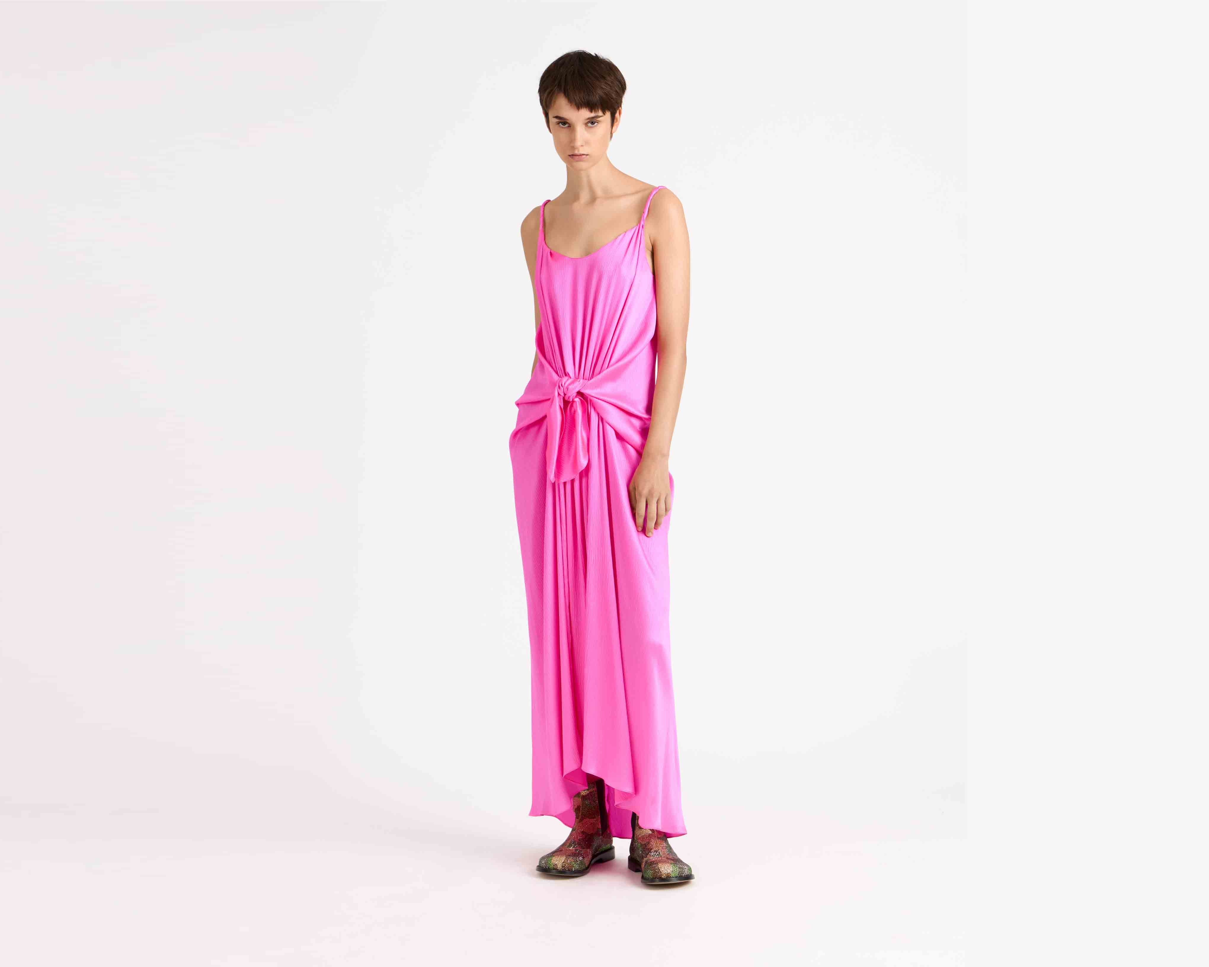 WOMENS KNOTTED WAIST LONGLINE DRESS IN PINK in HOT PINK