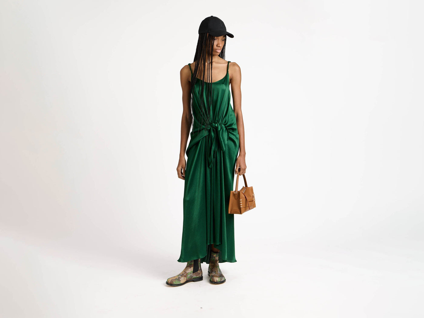 waist knot dress bottle green Model Front 1