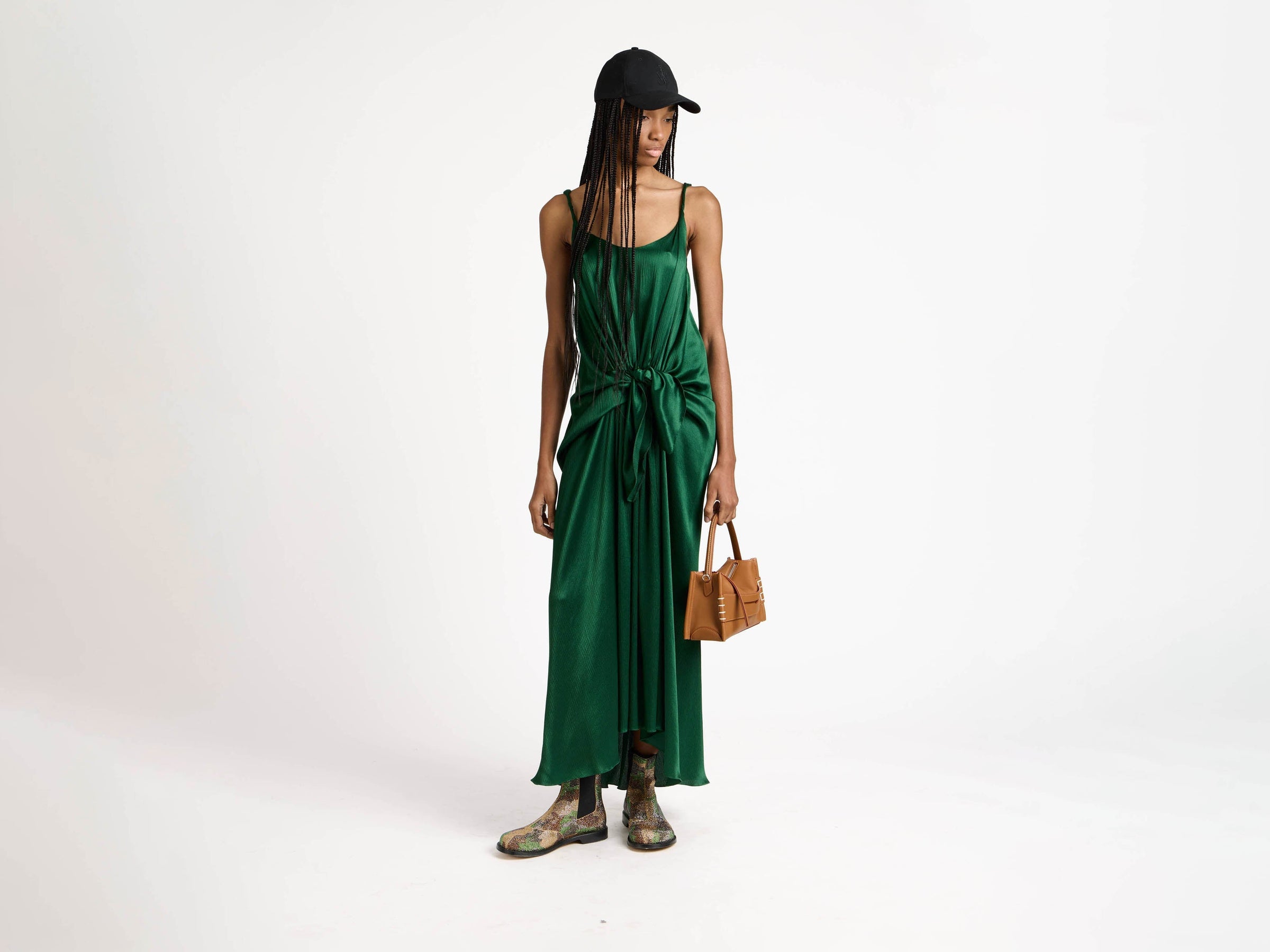 waist knot dress bottle green Model Front 1