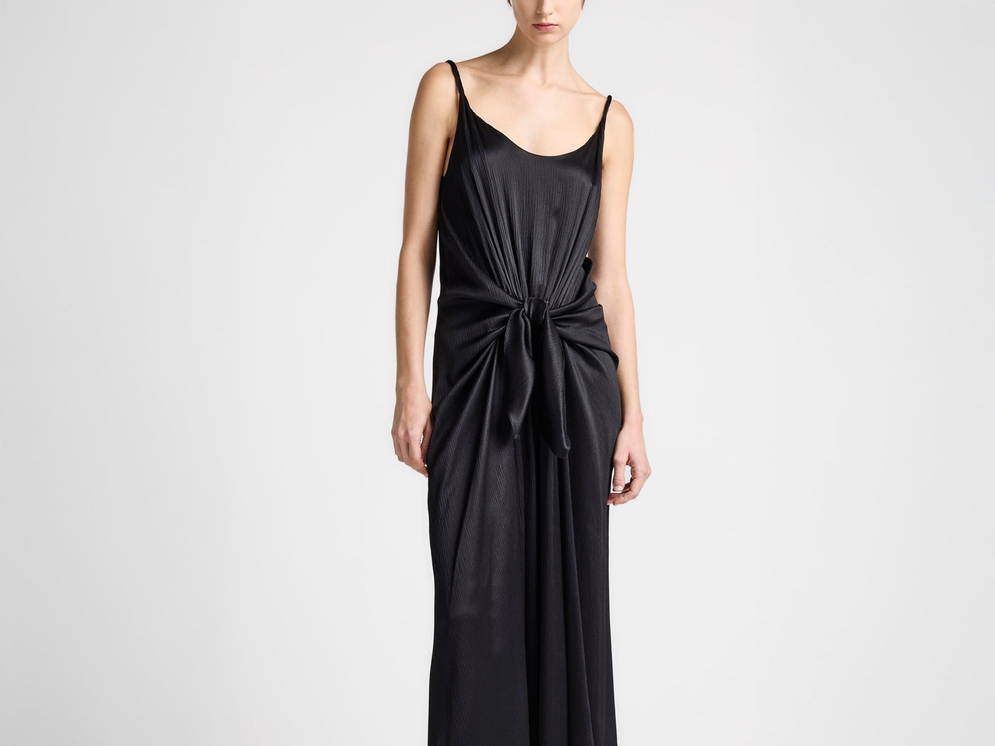 WOMENS KNOTTED WAIST LONGLINE DRESS IN BLACK