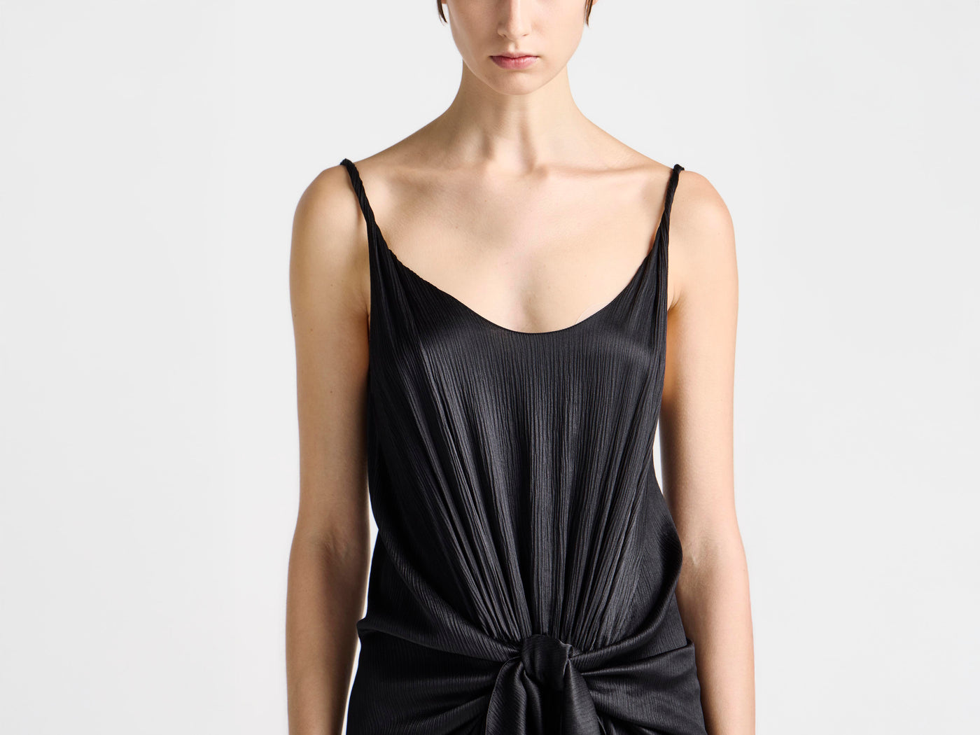 WOMENS KNOTTED WAIST LONGLINE DRESS IN BLACK
