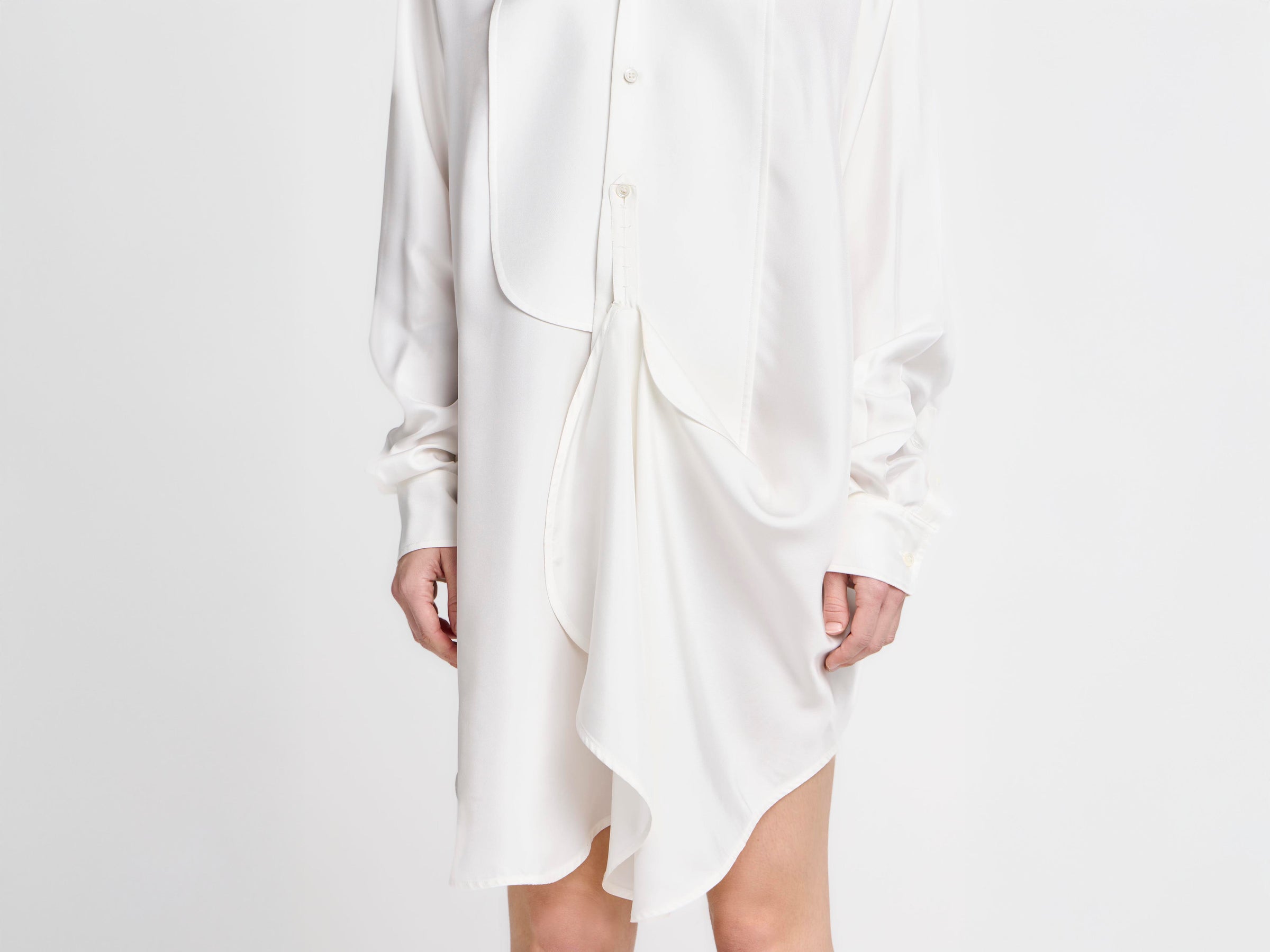 WOMENS TUXEDO DRAPE SILK DRESS IN OFF-WHITE