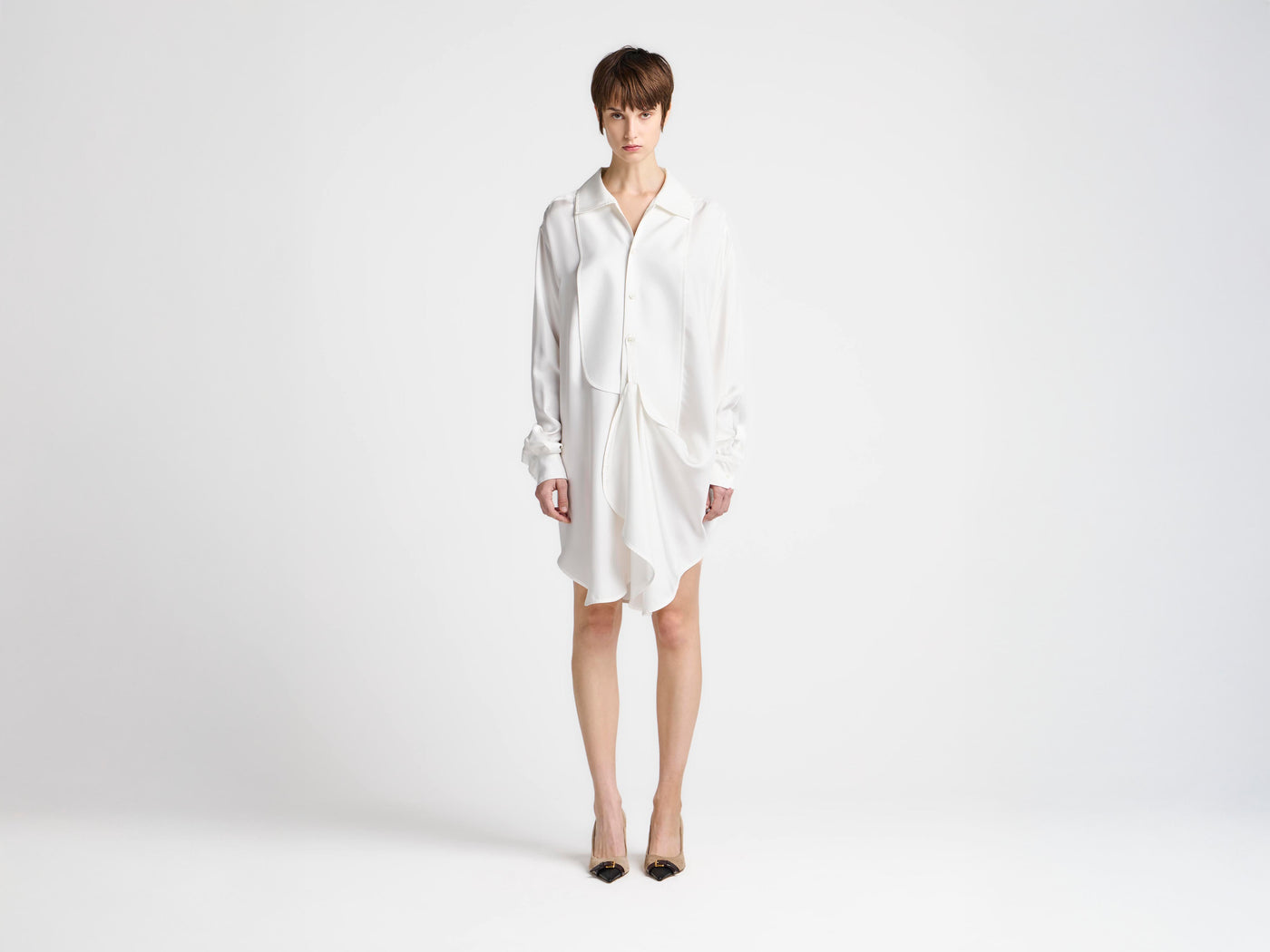 WOMENS TUXEDO DRAPE SILK DRESS IN OFF-WHITE