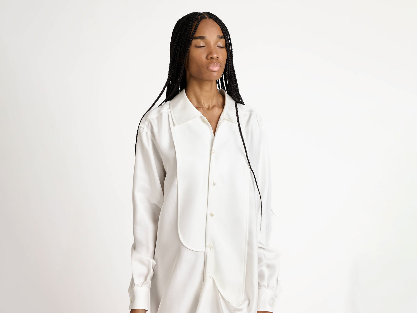 tuxedo drape dress off white Model Front 2