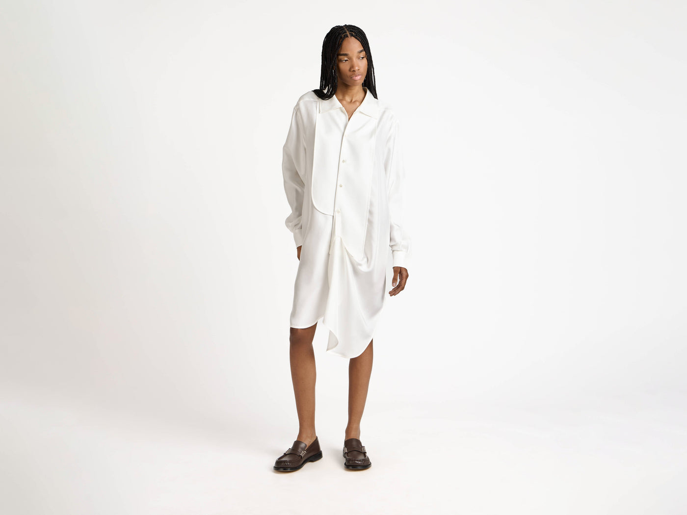 tuxedo drape dress off white Model Front 4