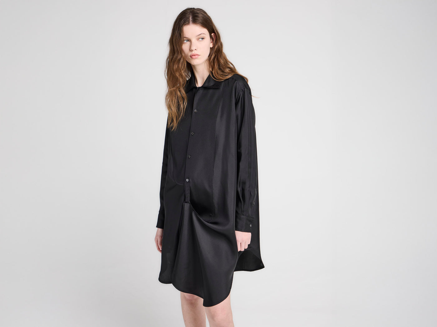 WOMENS TUXEDO DRAPE SILK DRESS IN BLACK