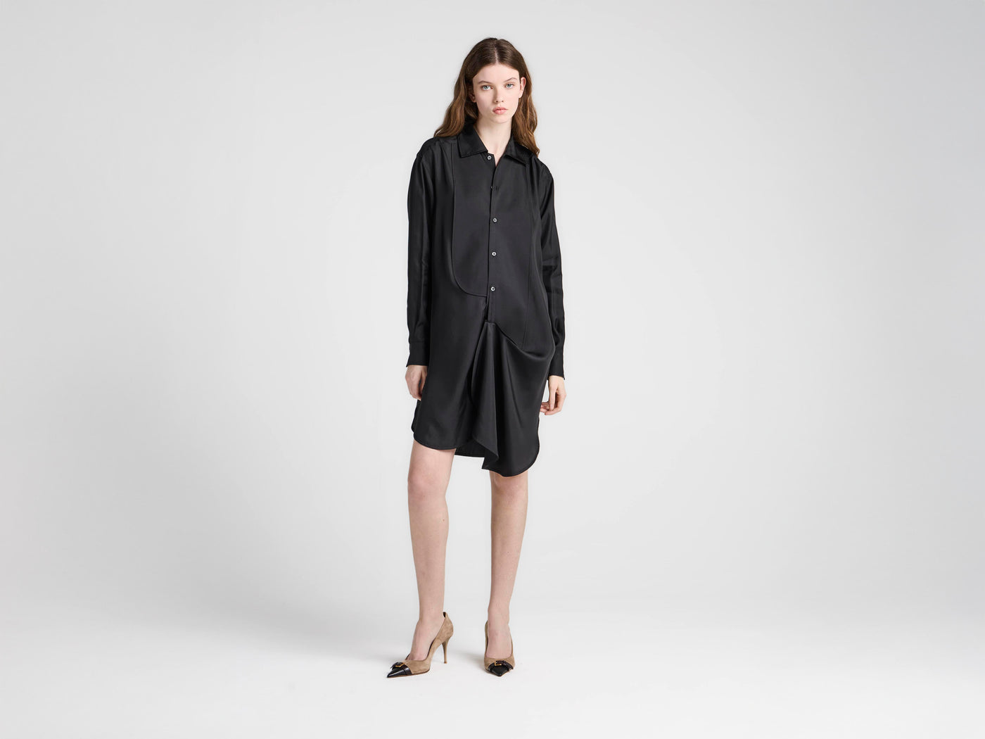 WOMENS TUXEDO DRAPE SILK DRESS IN BLACK