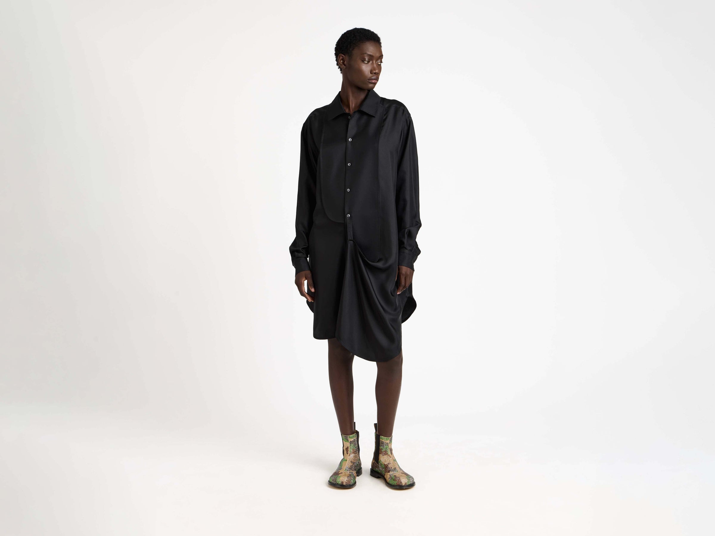 tuxedo drape dress black Model Front 5