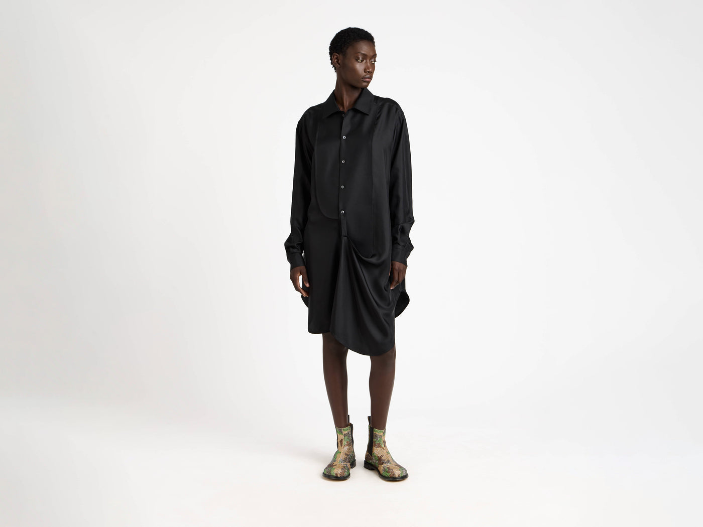 tuxedo drape dress black Model Front 1