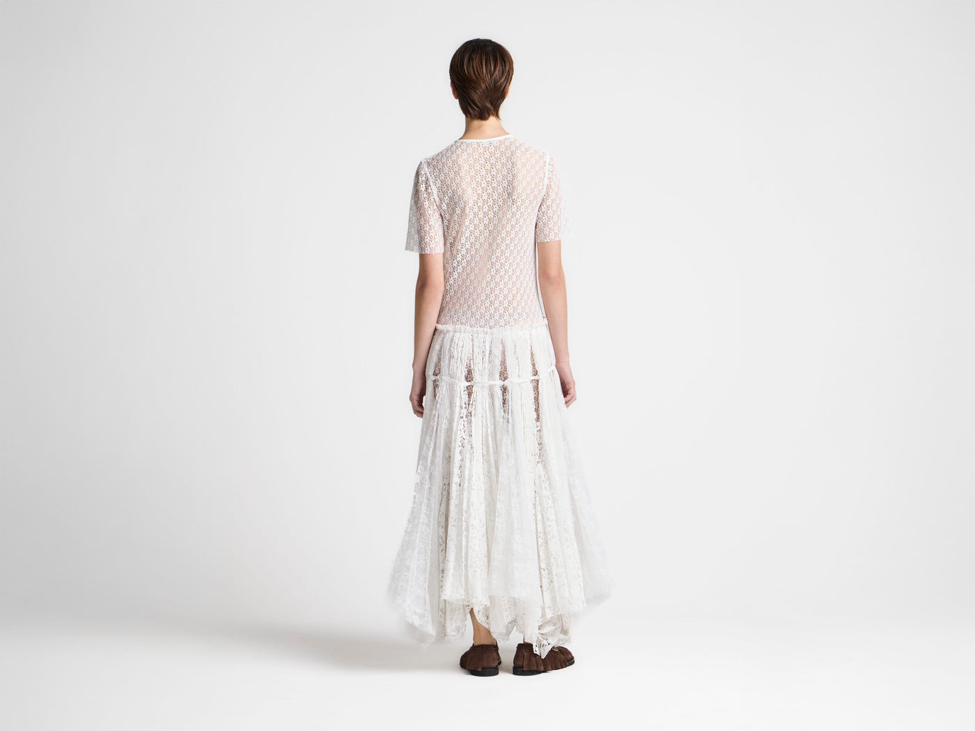 WOMENS MIXED LACE LONGLINE DRESS IN WHITE
