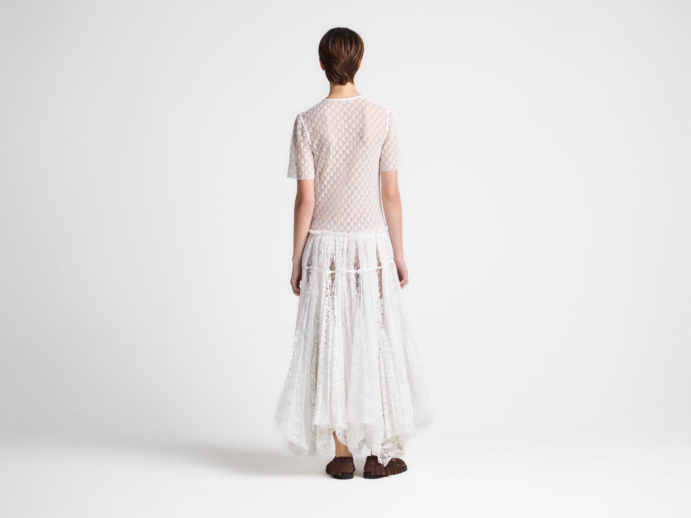 WOMENS MIXED LACE LONGLINE DRESS IN WHITE