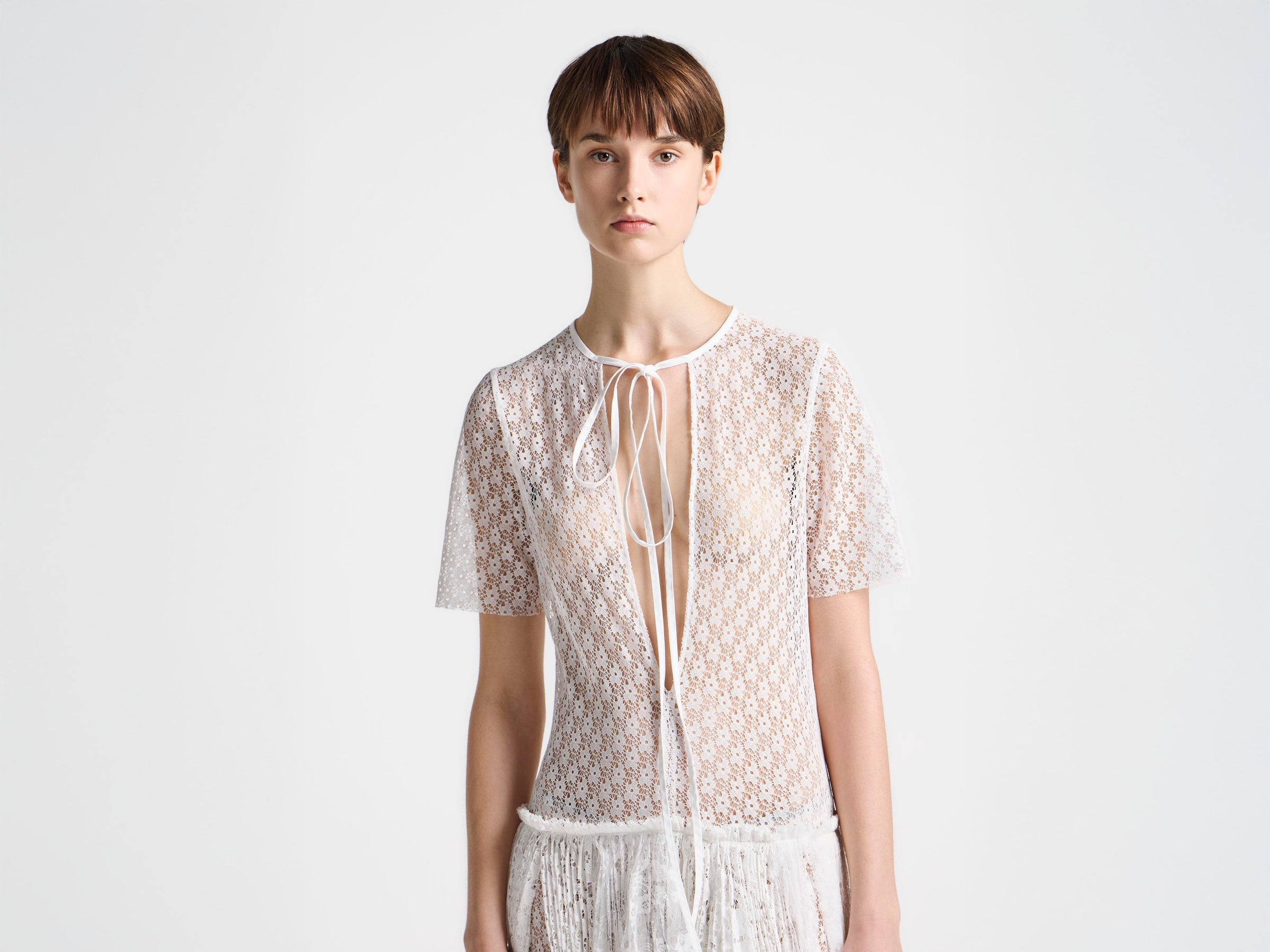 WOMENS MIXED LACE LONGLINE DRESS IN WHITE