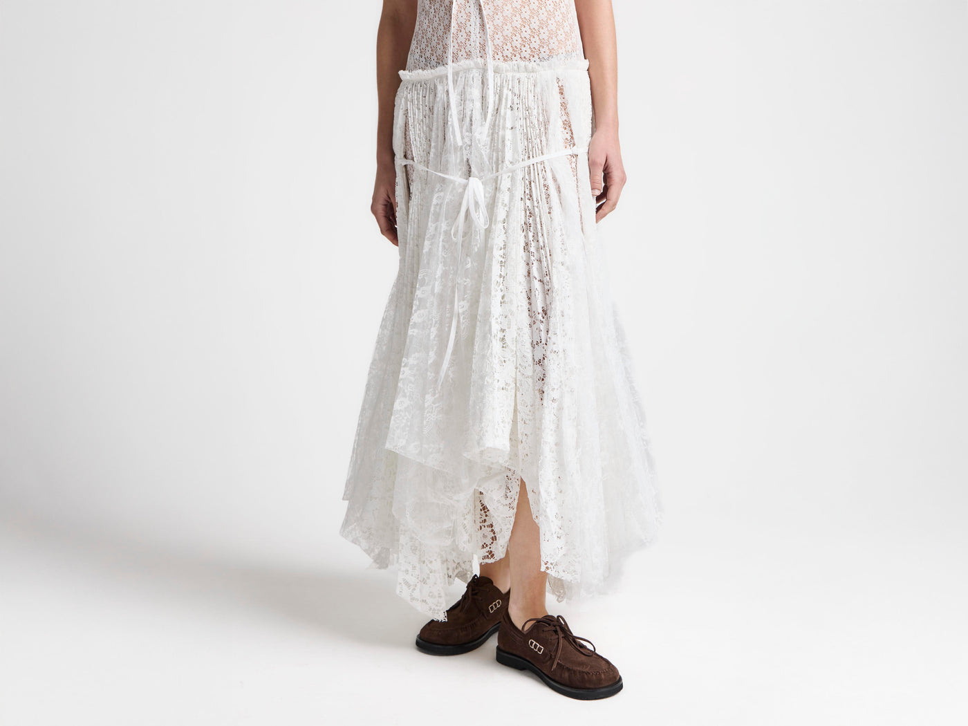WOMENS MIXED LACE LONGLINE DRESS IN WHITE