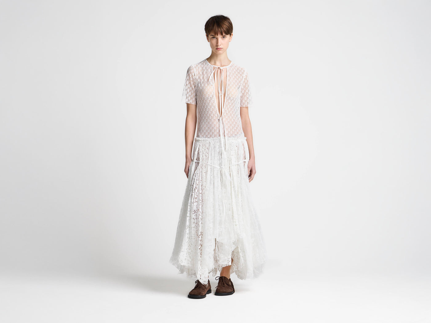 WOMENS MIXED LACE LONGLINE DRESS IN WHITE