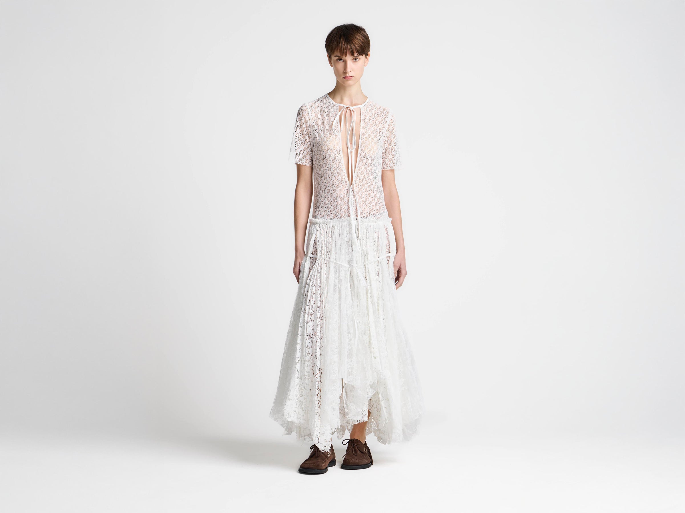 WOMENS MIXED LACE LONGLINE DRESS IN WHITE