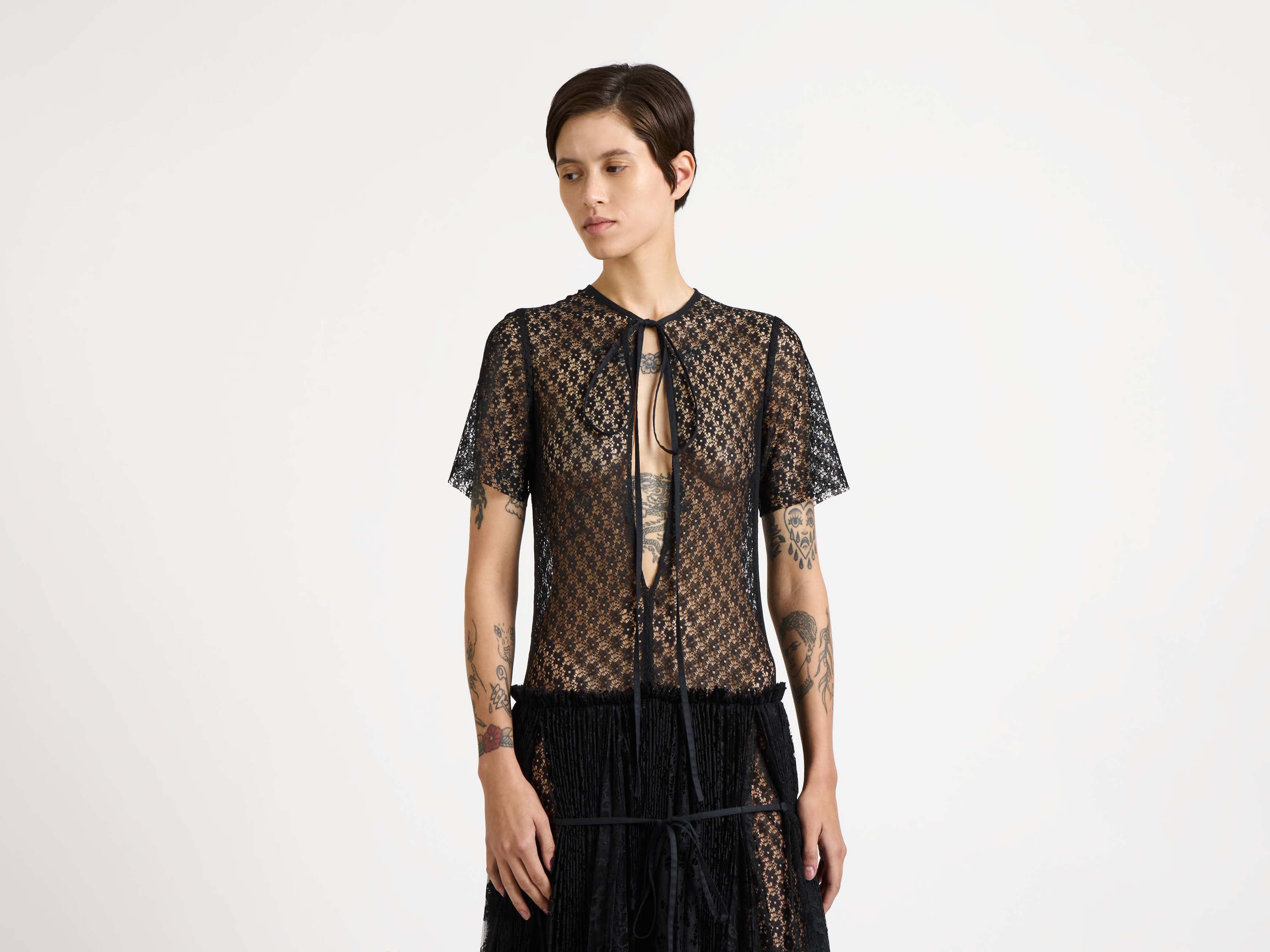 WOMENS MIXED LACE LONGLINE DRESS IN BLACK in BLACK