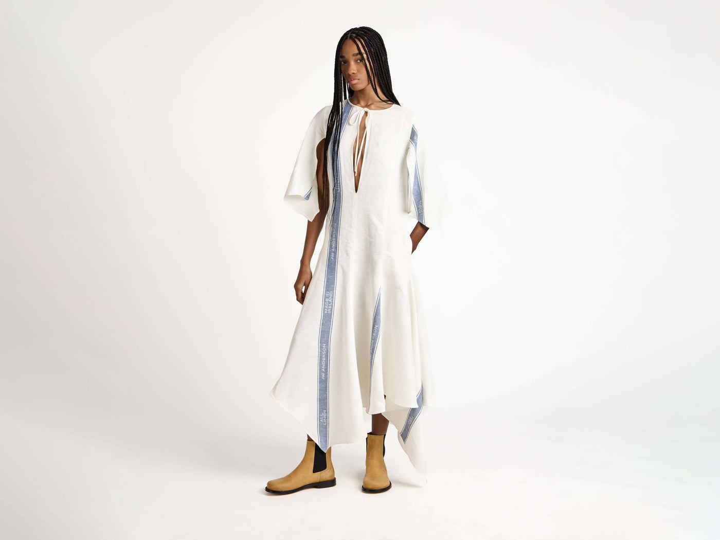 draped hem dress off white blue Model Front 5