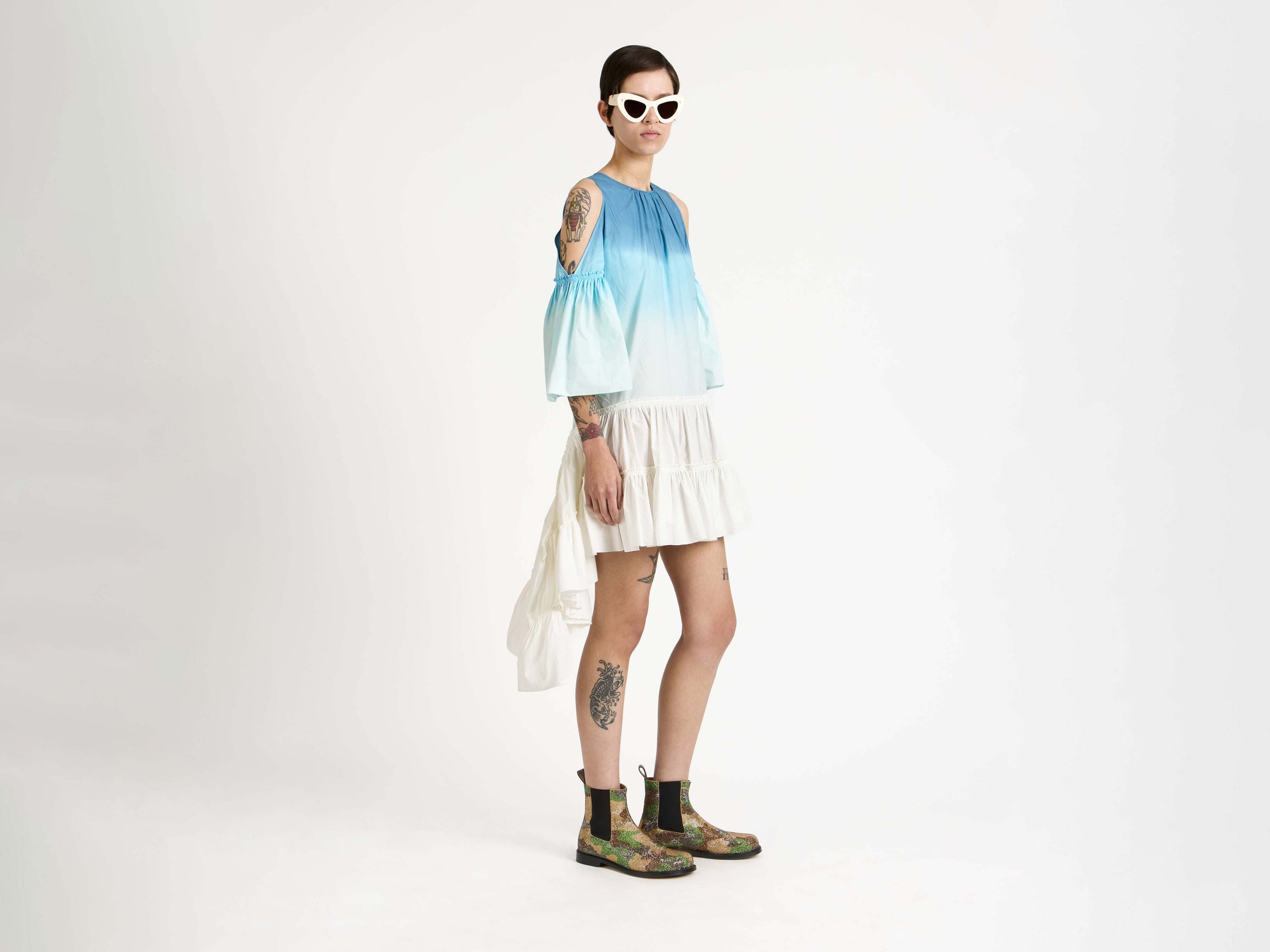 dip dye ruffle dress white blue Model Front 8