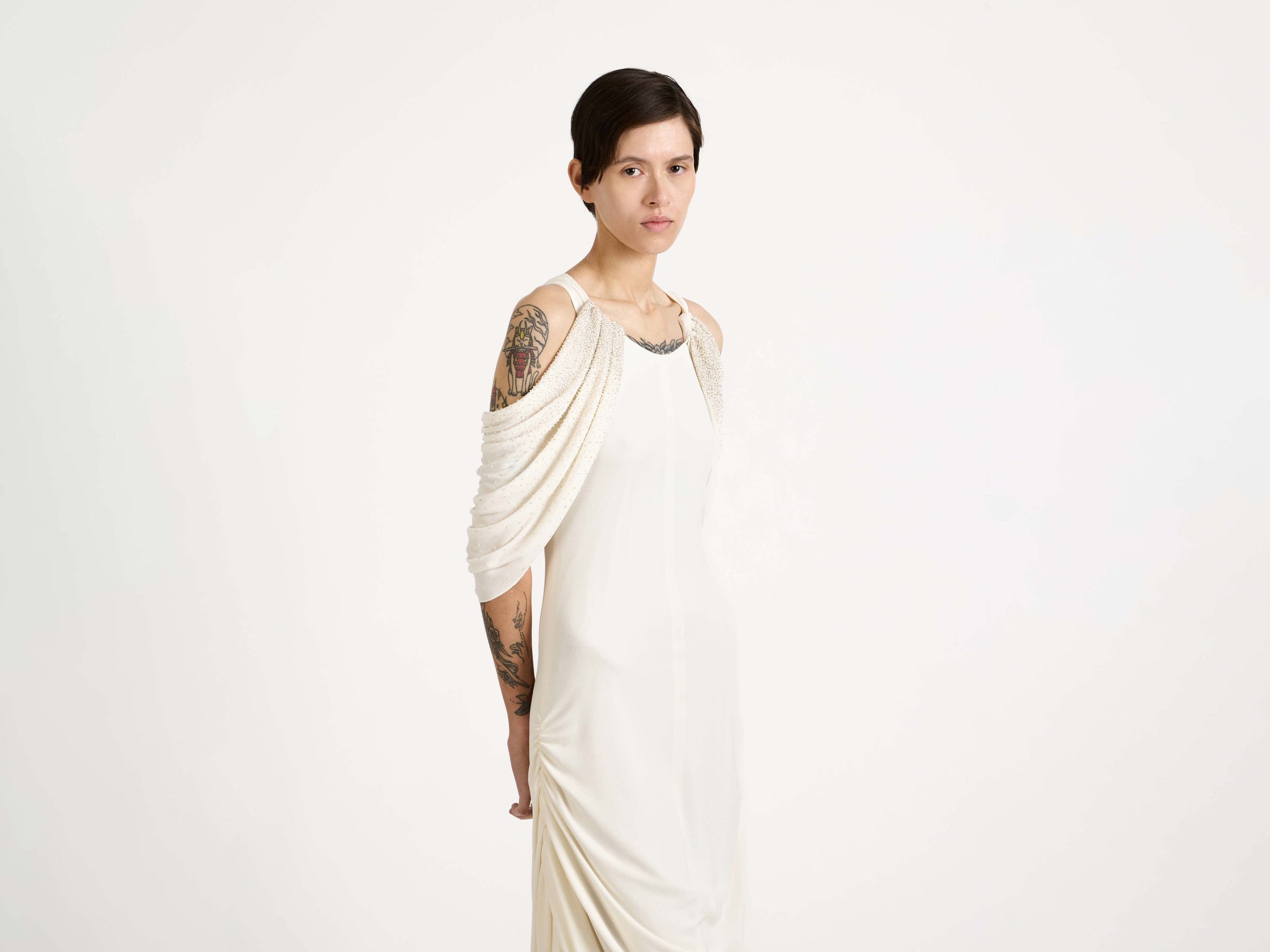 WOMENS BEADED SLEEVE MIDI DRESS IN IVORY in IVORY DR0529PG189600610 | JW Anderson GB WOMENS BEADED SLEEVE MIDI DRESS IN IVORY in IVORY DR0529PG189600610 | JW Anderson GB