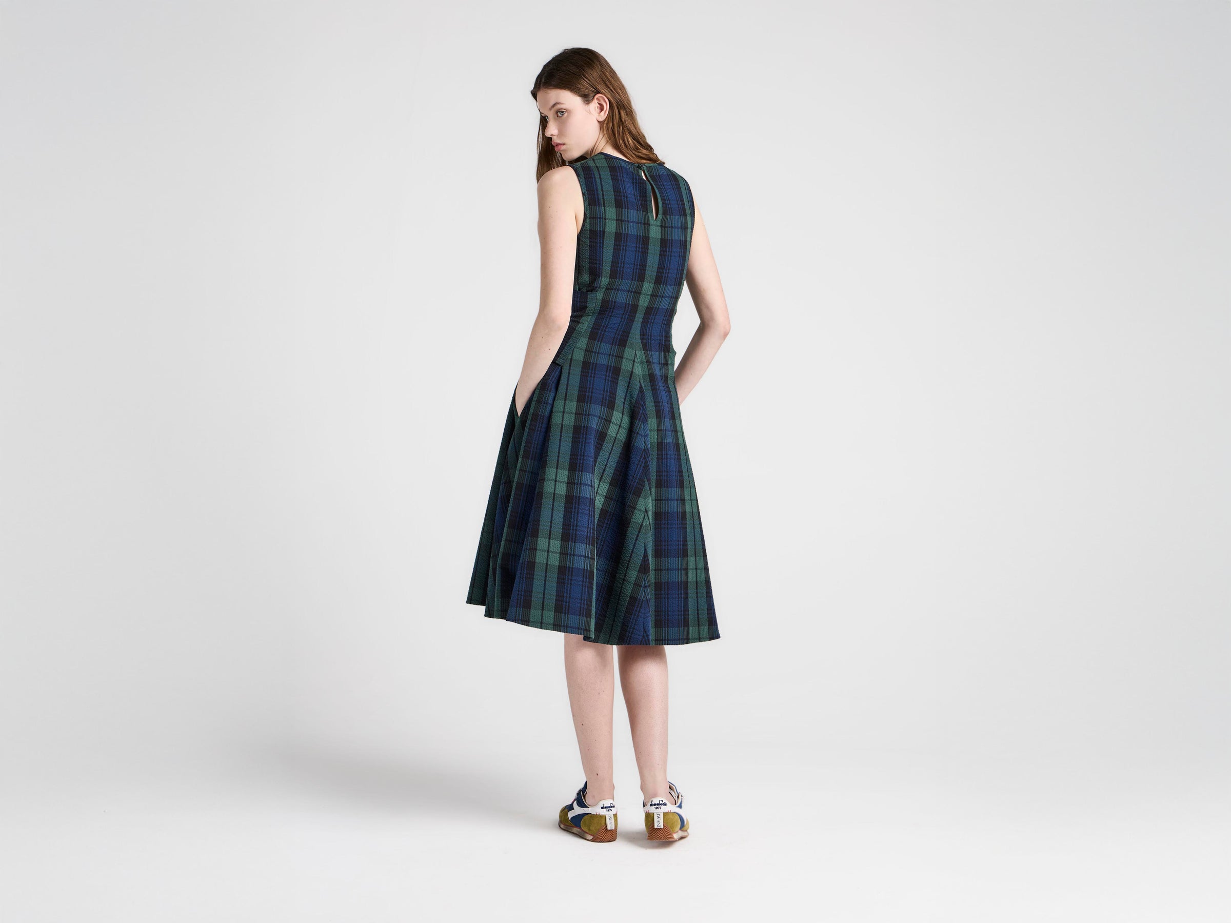 WOMENS CLOQUE DRESS IN NAVY & GREEN