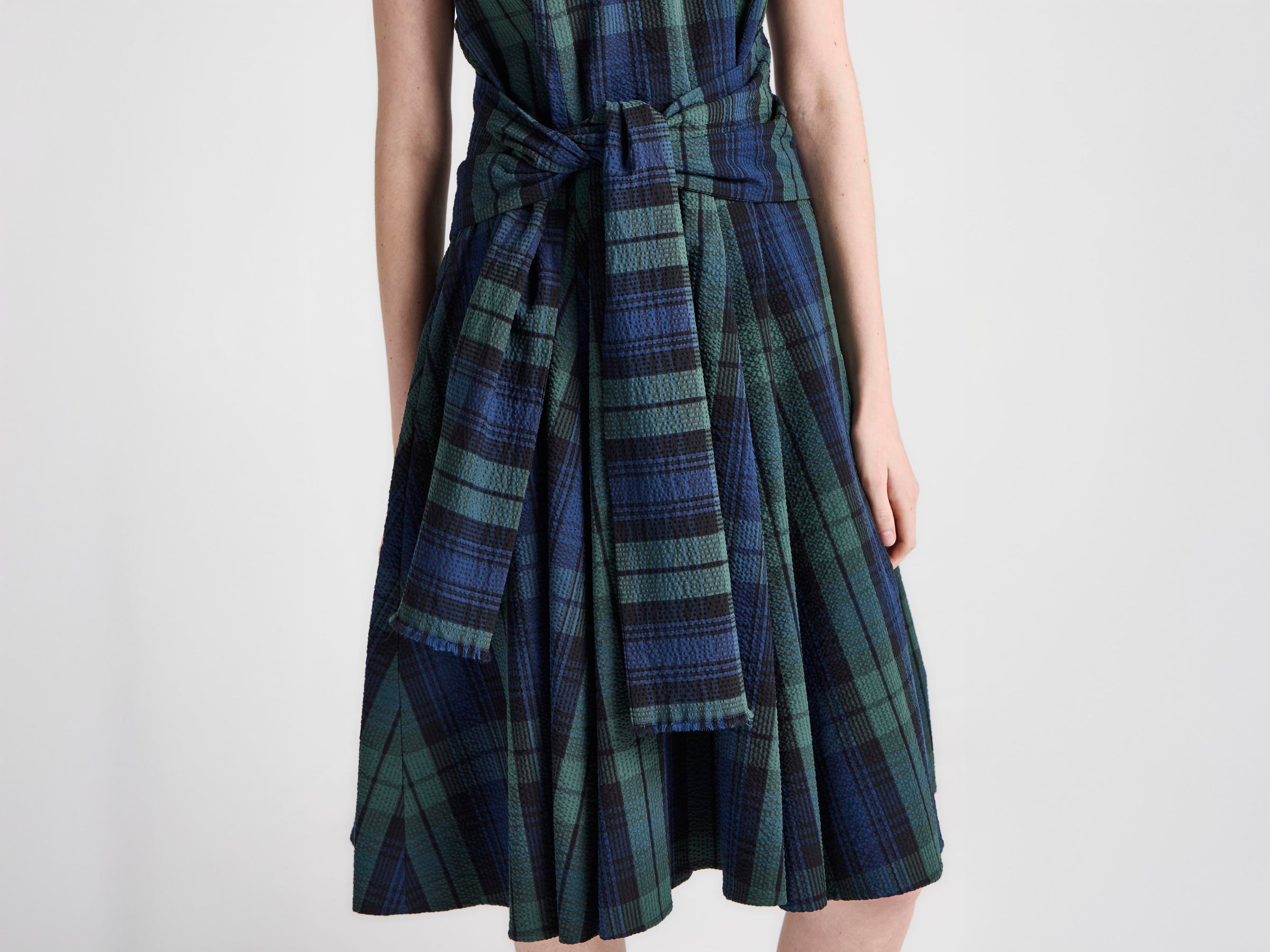 WOMENS CLOQUE DRESS IN NAVY & GREEN