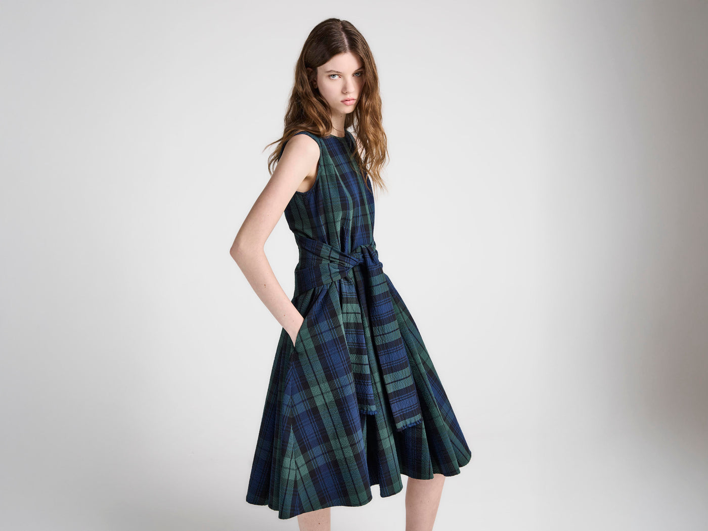 WOMENS CLOQUE DRESS IN NAVY & GREEN
