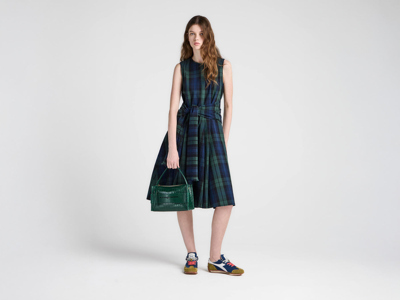 WOMENS CLOQUE DRESS IN NAVY & GREEN