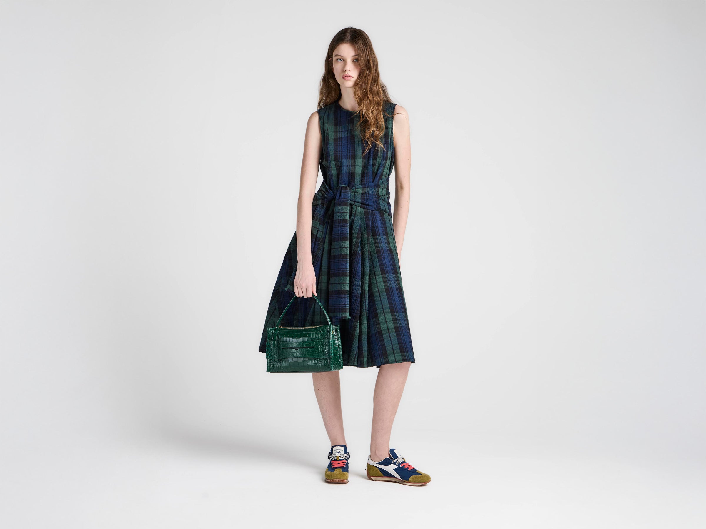 WOMENS CLOQUE DRESS IN NAVY & GREEN