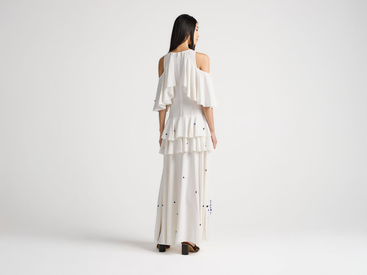 WOMENS EMBROIDERED RUFFLE DRESS IN IVORY