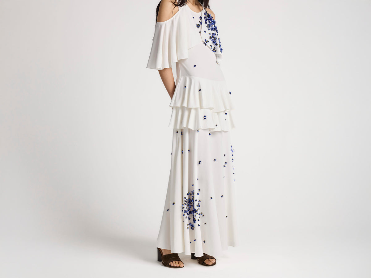 WOMENS EMBROIDERED RUFFLE DRESS IN IVORY