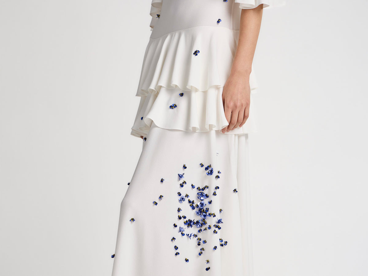 WOMENS EMBROIDERED RUFFLE DRESS IN IVORY