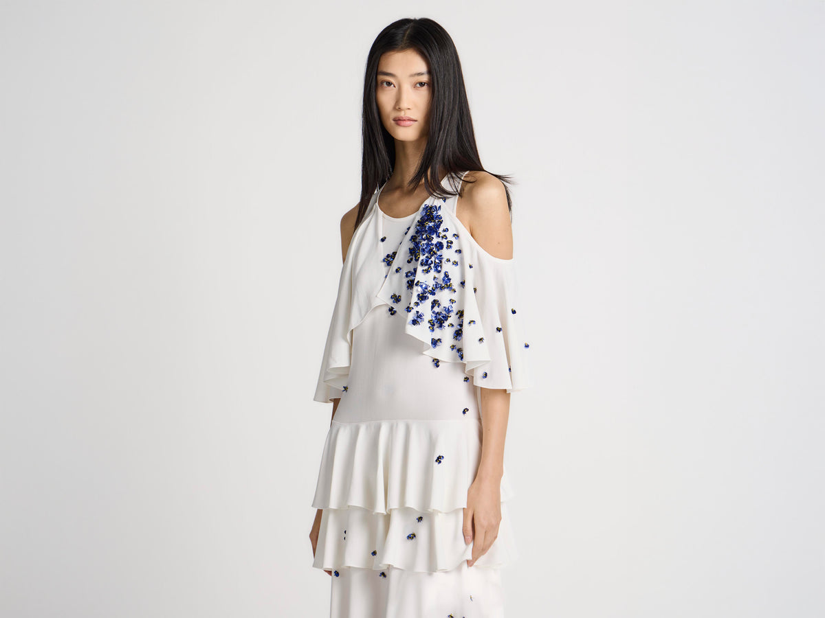 WOMENS EMBROIDERED RUFFLE DRESS IN IVORY