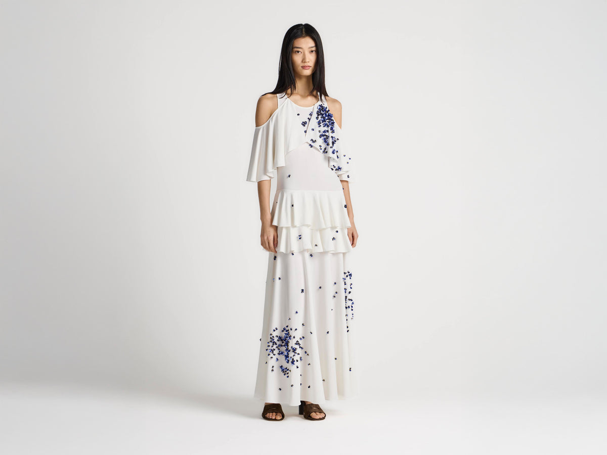 WOMENS EMBROIDERED RUFFLE DRESS IN IVORY
