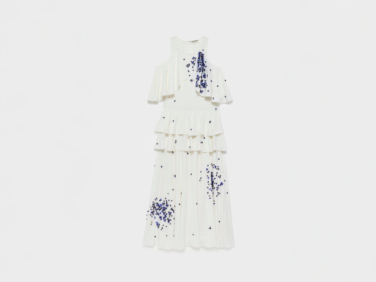 WOMENS EMBROIDERED RUFFLE DRESS IN IVORY