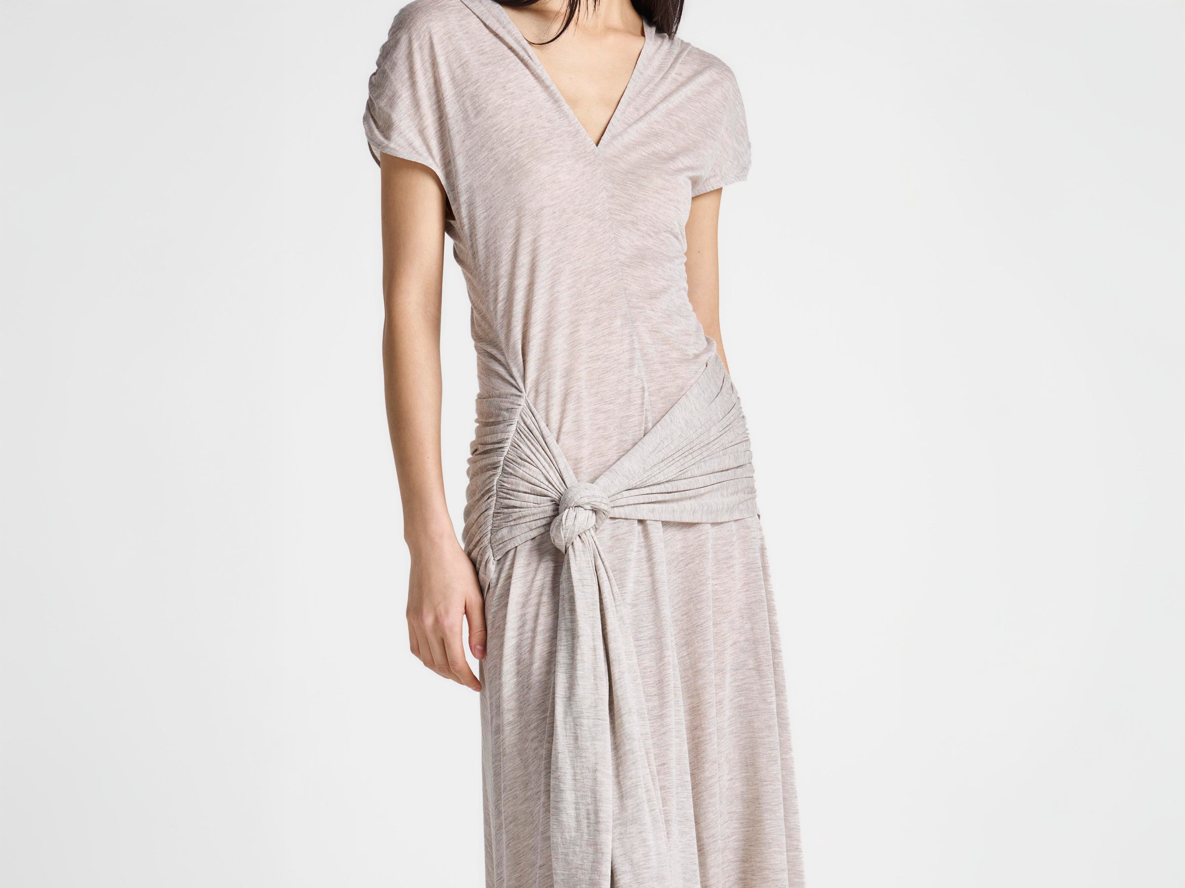 WOMENS KNOTTED WAIST LONGLINE DRESS IN OATMEAL MELANGE
