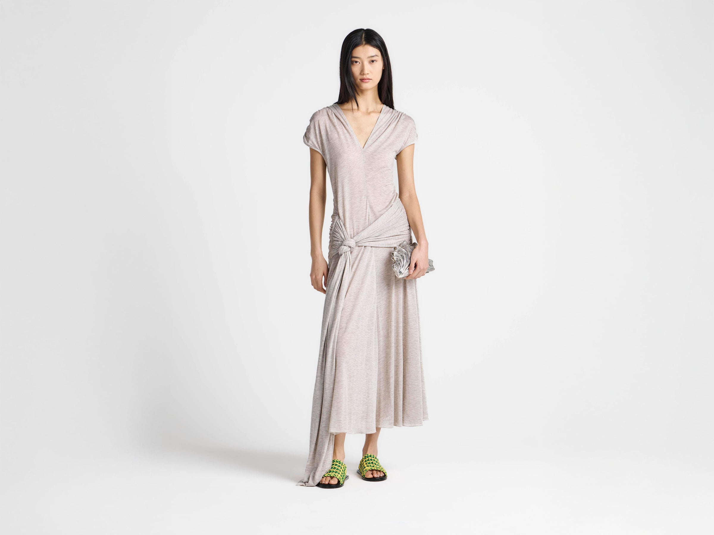 WOMENS KNOTTED WAIST LONGLINE DRESS IN OATMEAL MELANGE