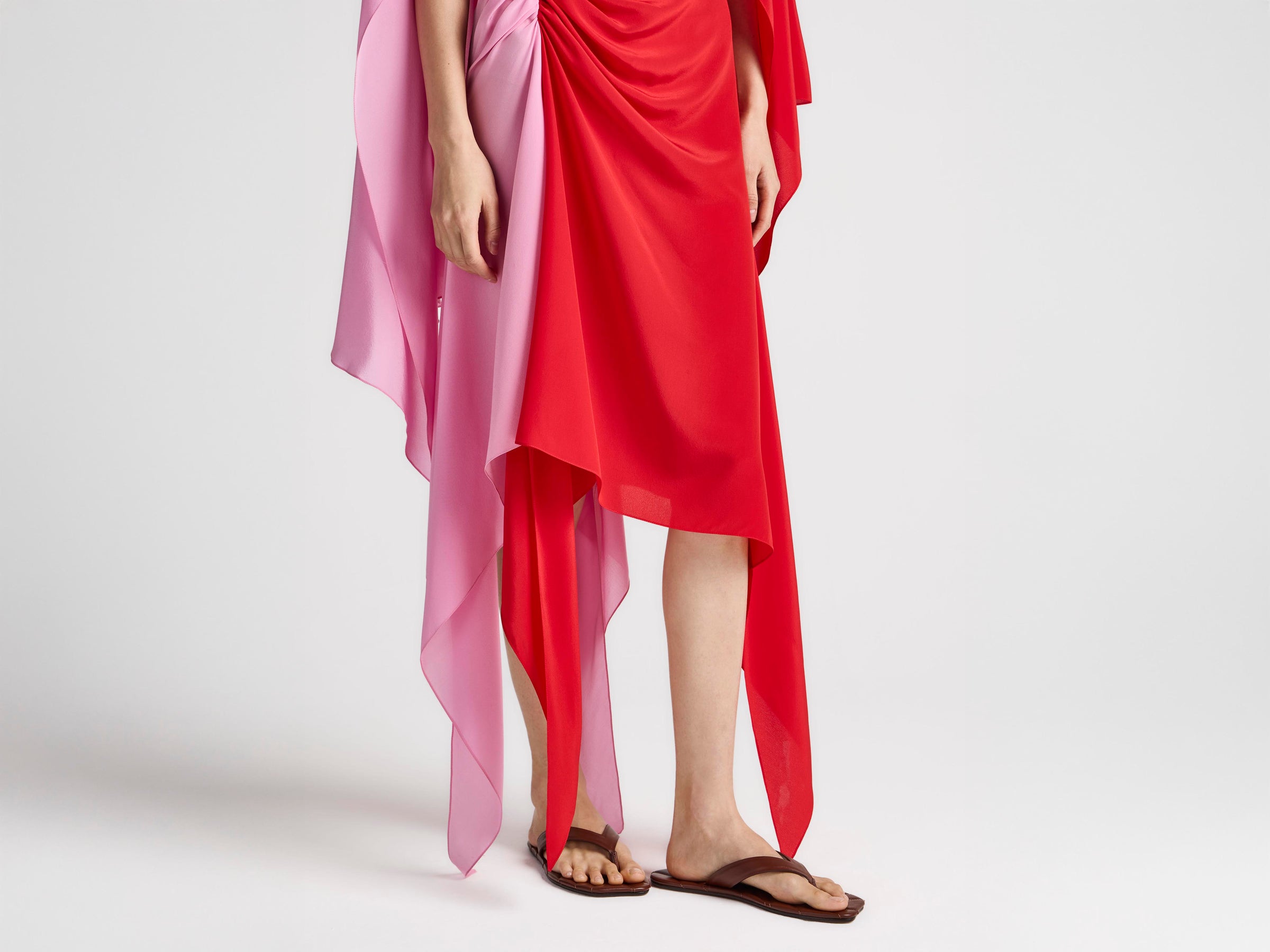 WOMENS CAPE SILK DRESS IN RED & BUBBLEGUM PINK
