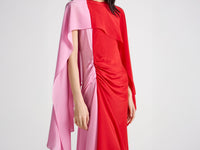 WOMENS CAPE SILK DRESS IN RED & BUBBLEGUM PINK