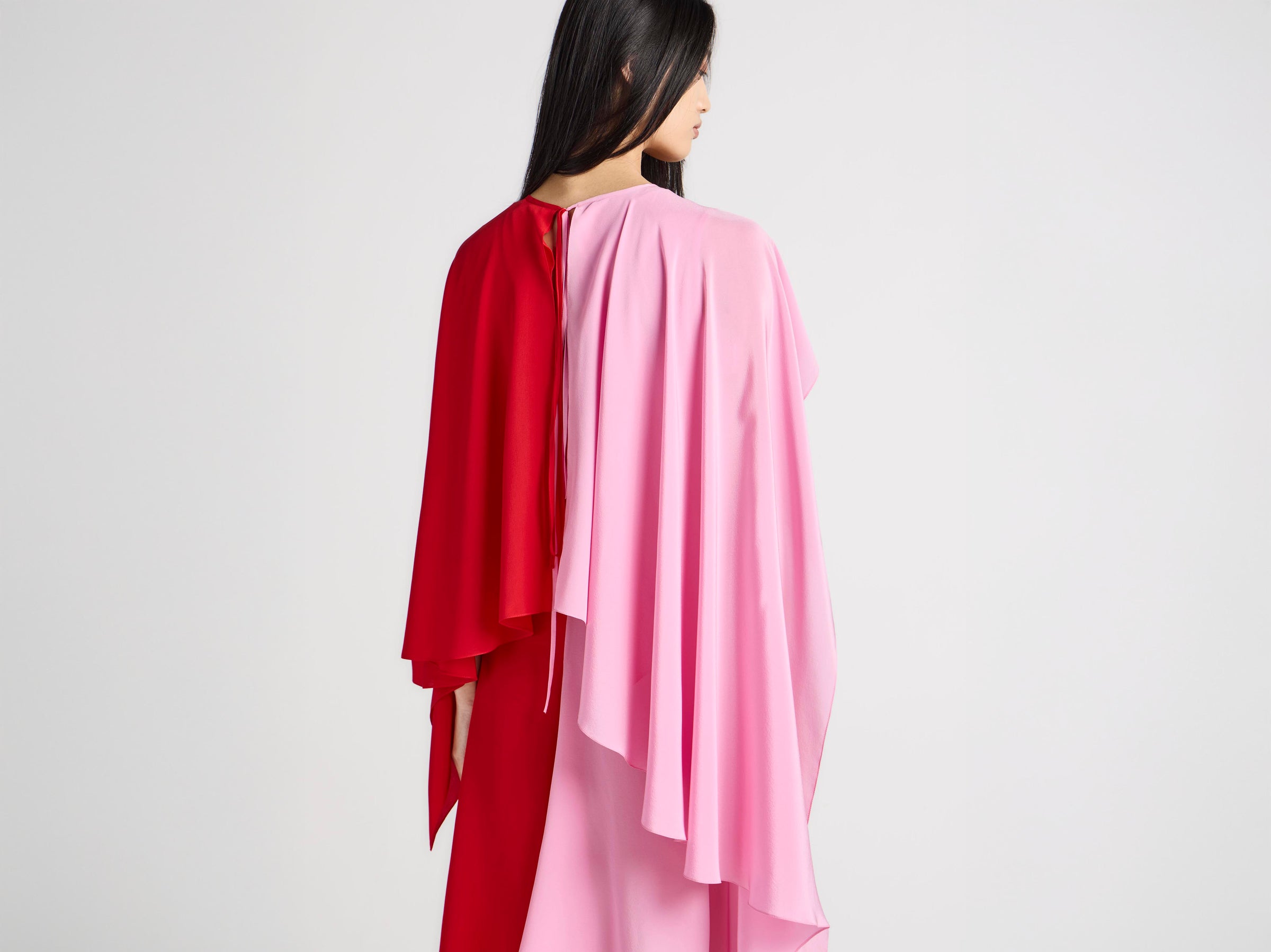 WOMENS CAPE SILK DRESS IN RED & BUBBLEGUM PINK