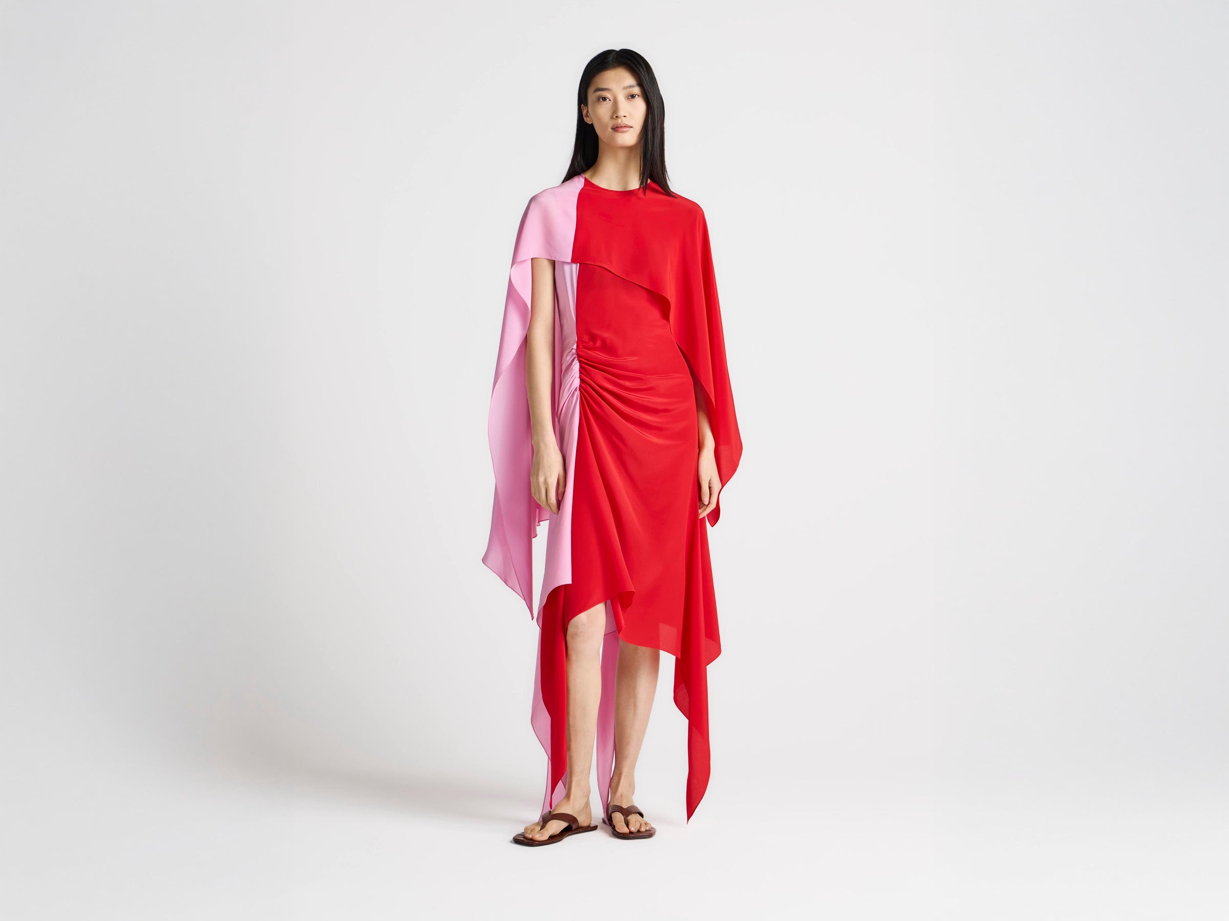 WOMENS CAPE SILK DRESS IN RED & BUBBLEGUM PINK