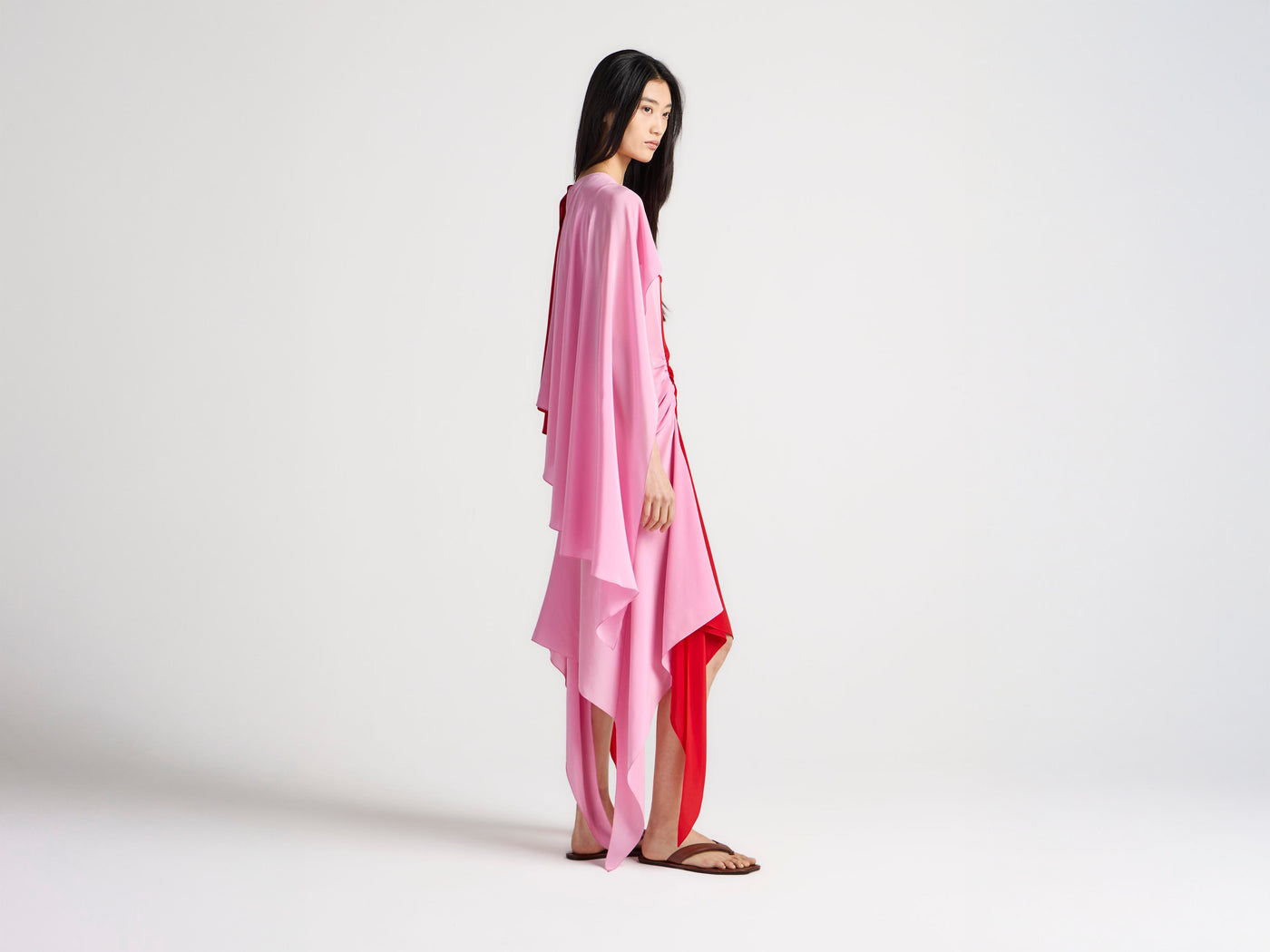 WOMENS CAPE SILK DRESS IN RED & BUBBLEGUM PINK