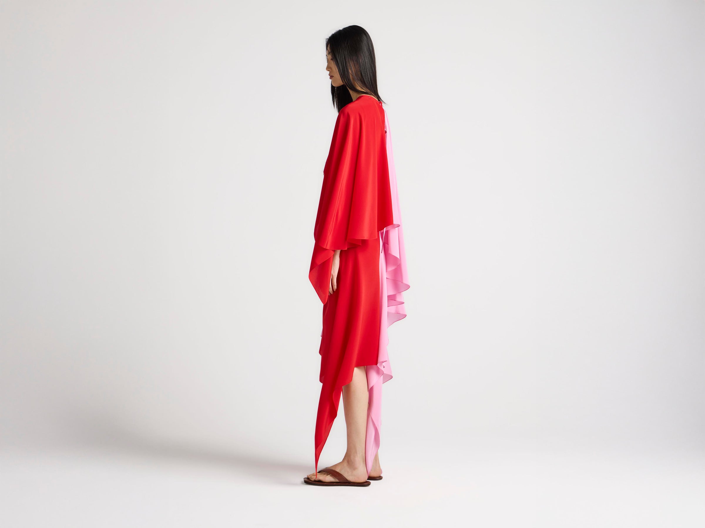 WOMENS CAPE SILK DRESS IN RED & BUBBLEGUM PINK