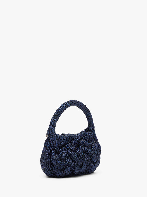 SMALL CABLE KNIT BAG - RAFFIA TOP HANDLE BAG