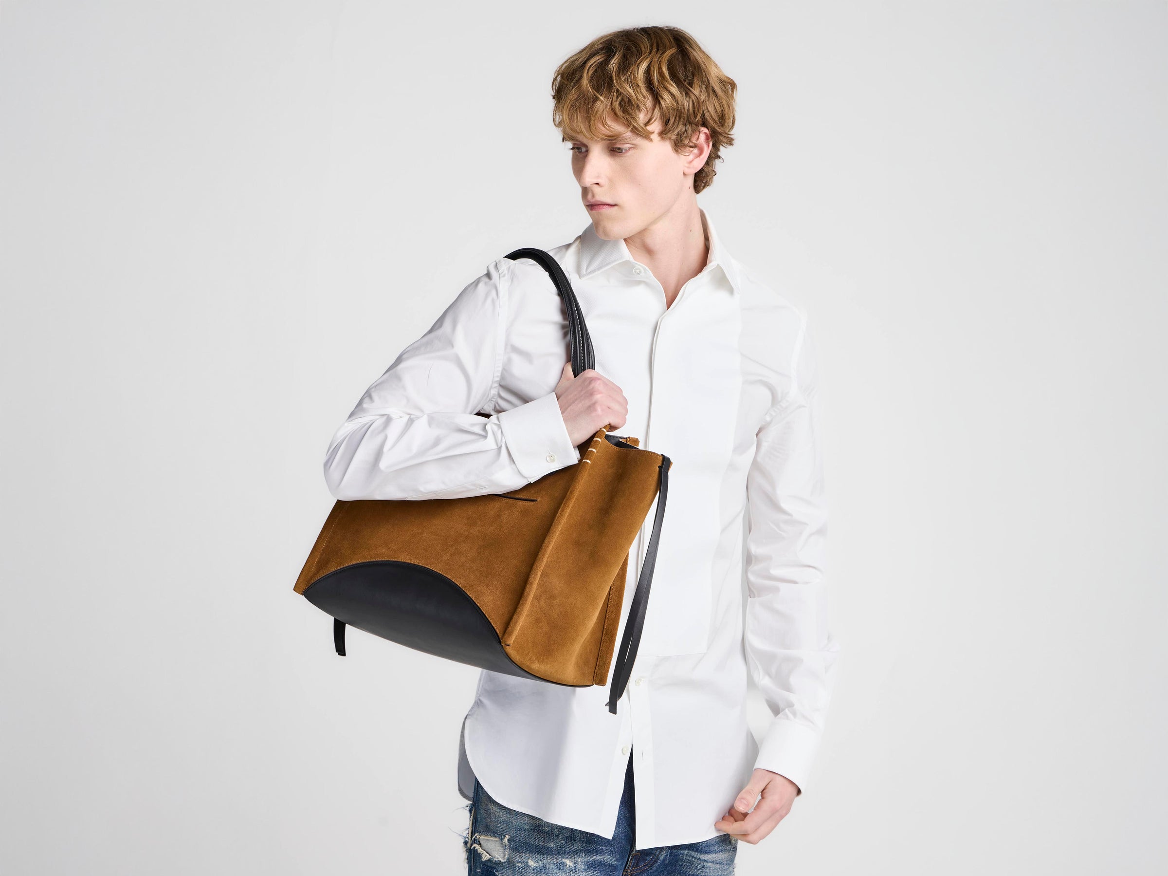 LOAFER CABAS BAG IN CARAMEL SUEDE & BLACK LEATHER