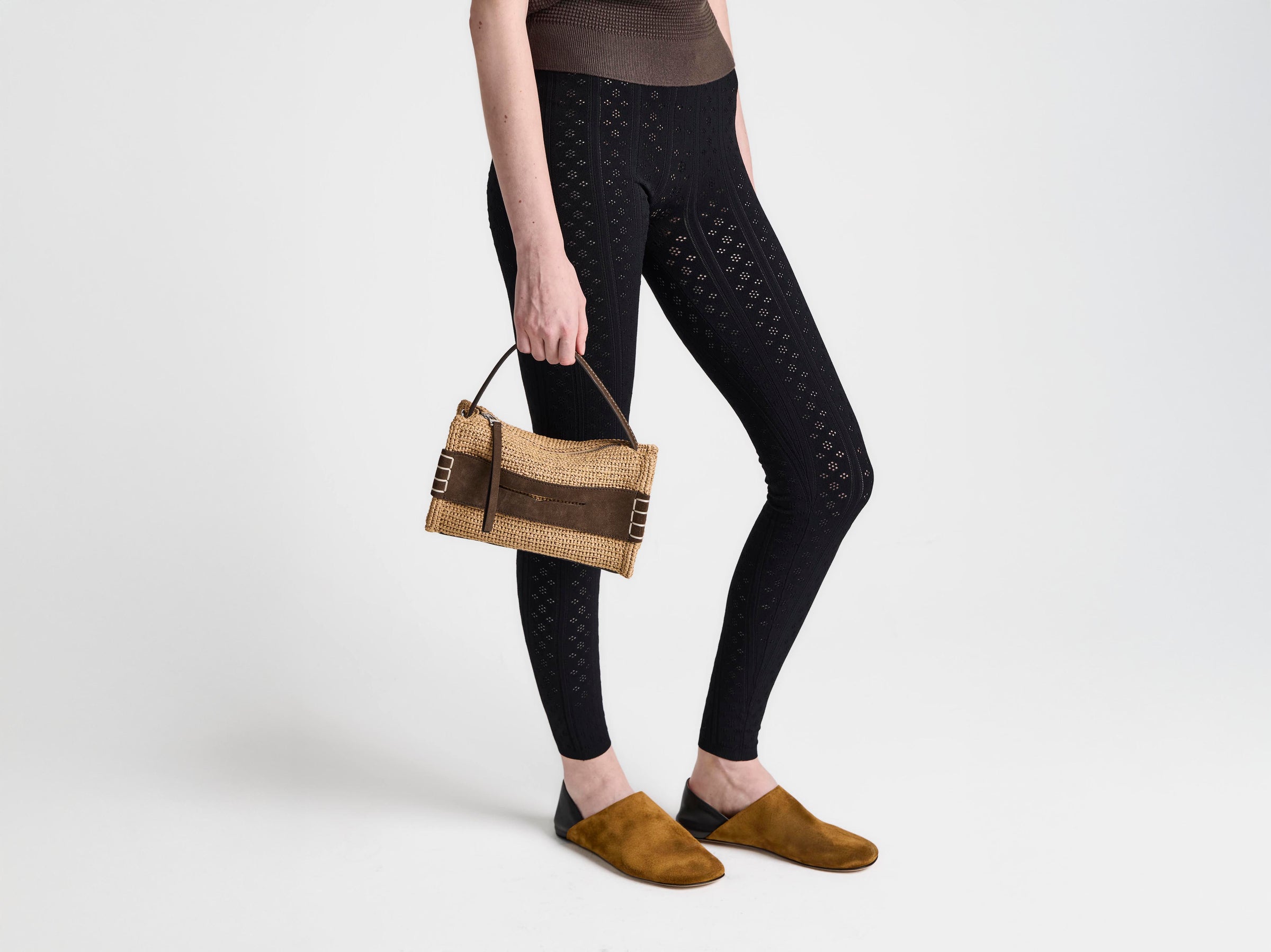 SMALL LOAFER BAG IN NATURAL & BROWN CROCHETED RAFFIA