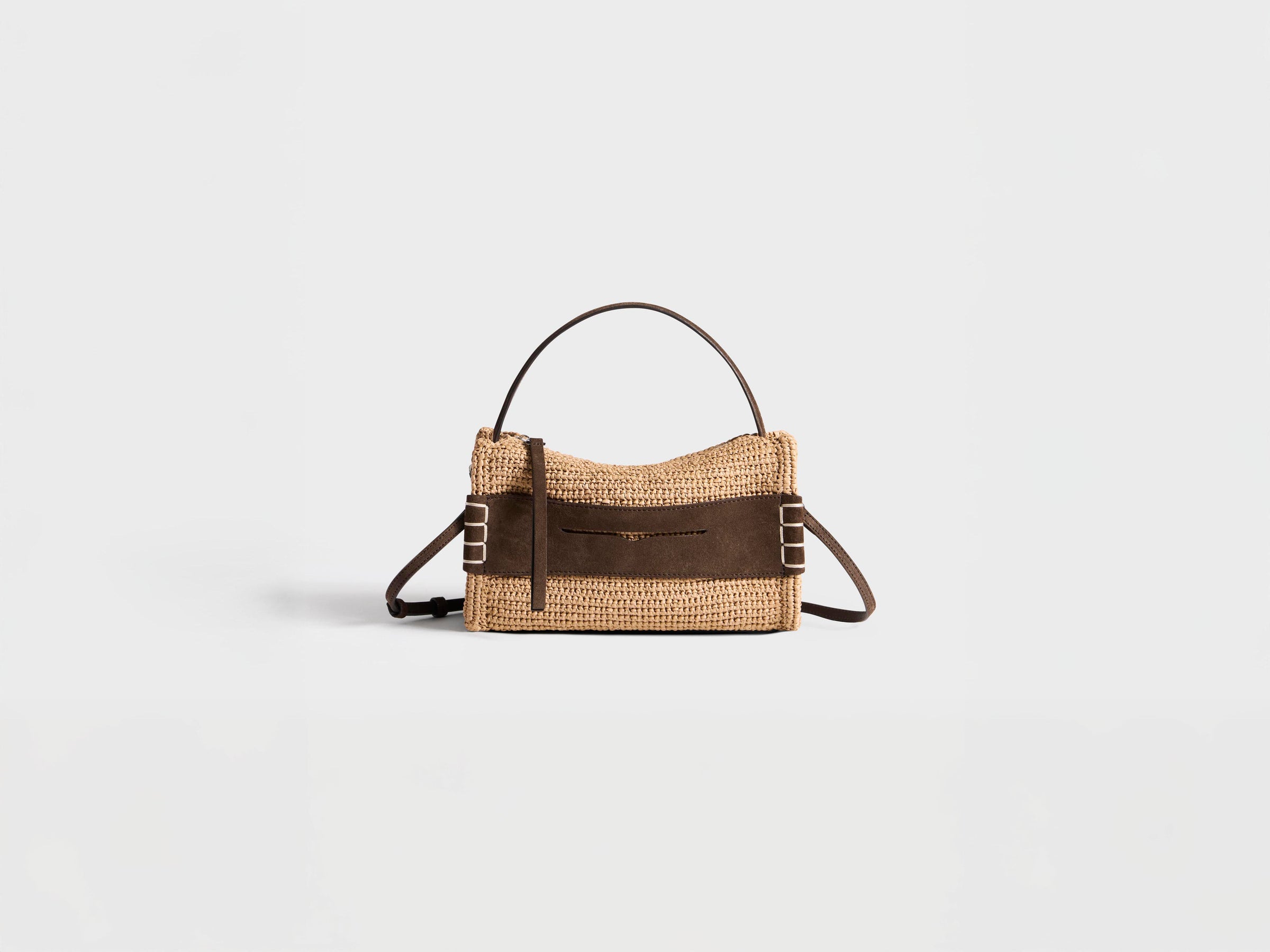SMALL LOAFER BAG IN NATURAL & BROWN CROCHETED RAFFIA