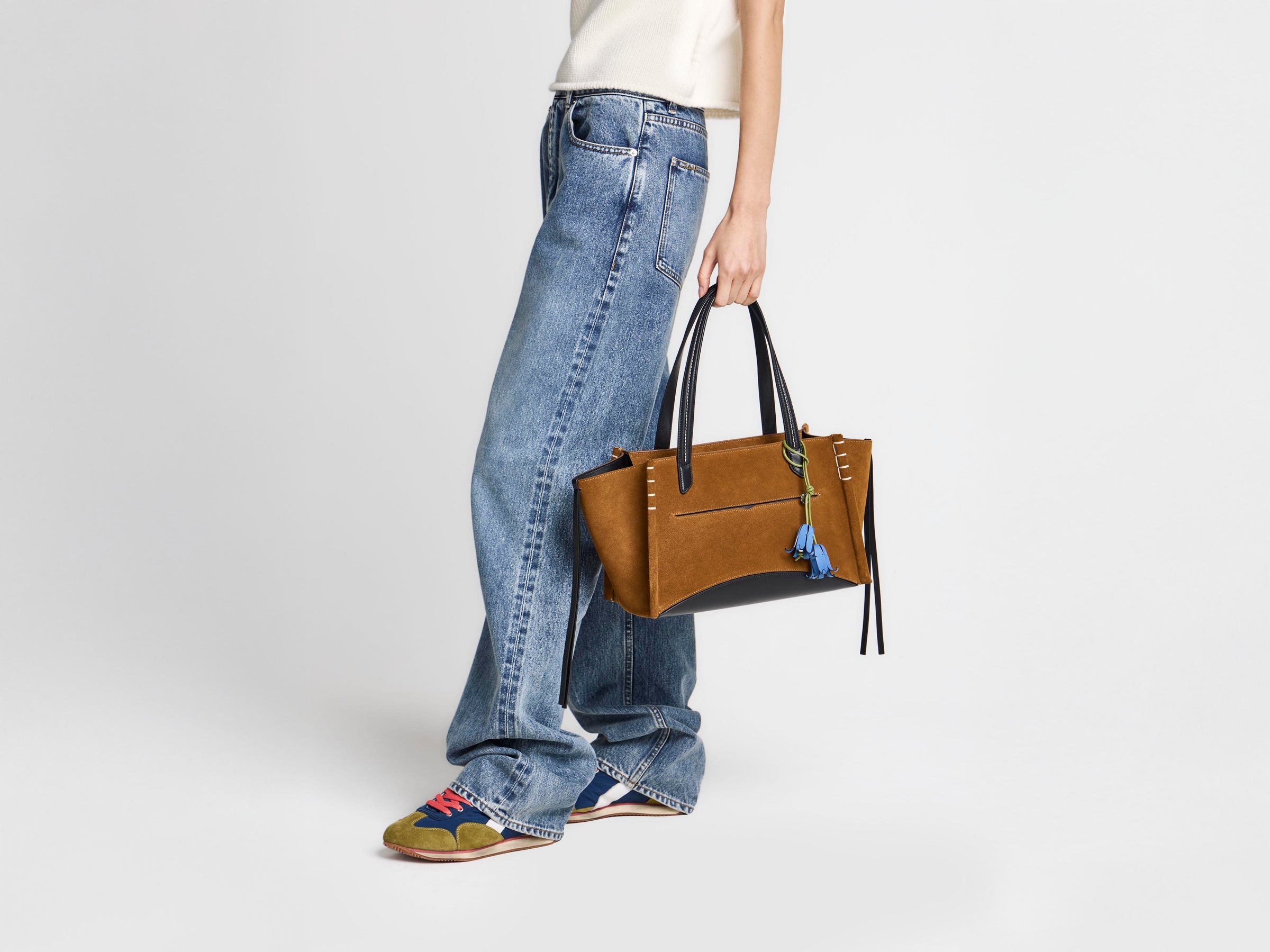 ELONGATED LOAFER CABAS BAG IN CARAMEL SUEDE & BLACK LEATHER